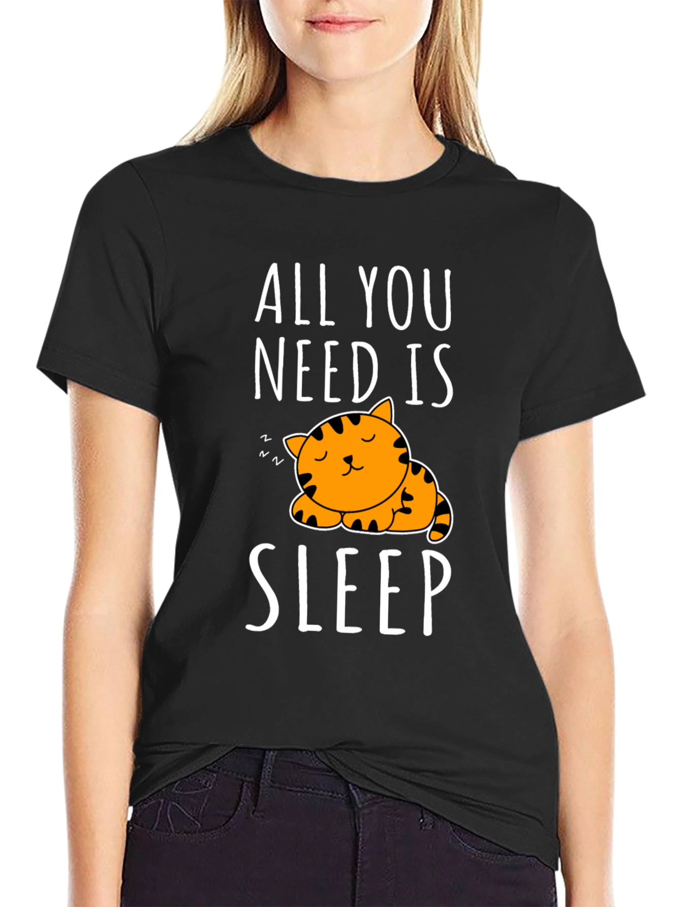 Black All You Need Is Sleep - Cute Cat Graphic T-Shirt view 2