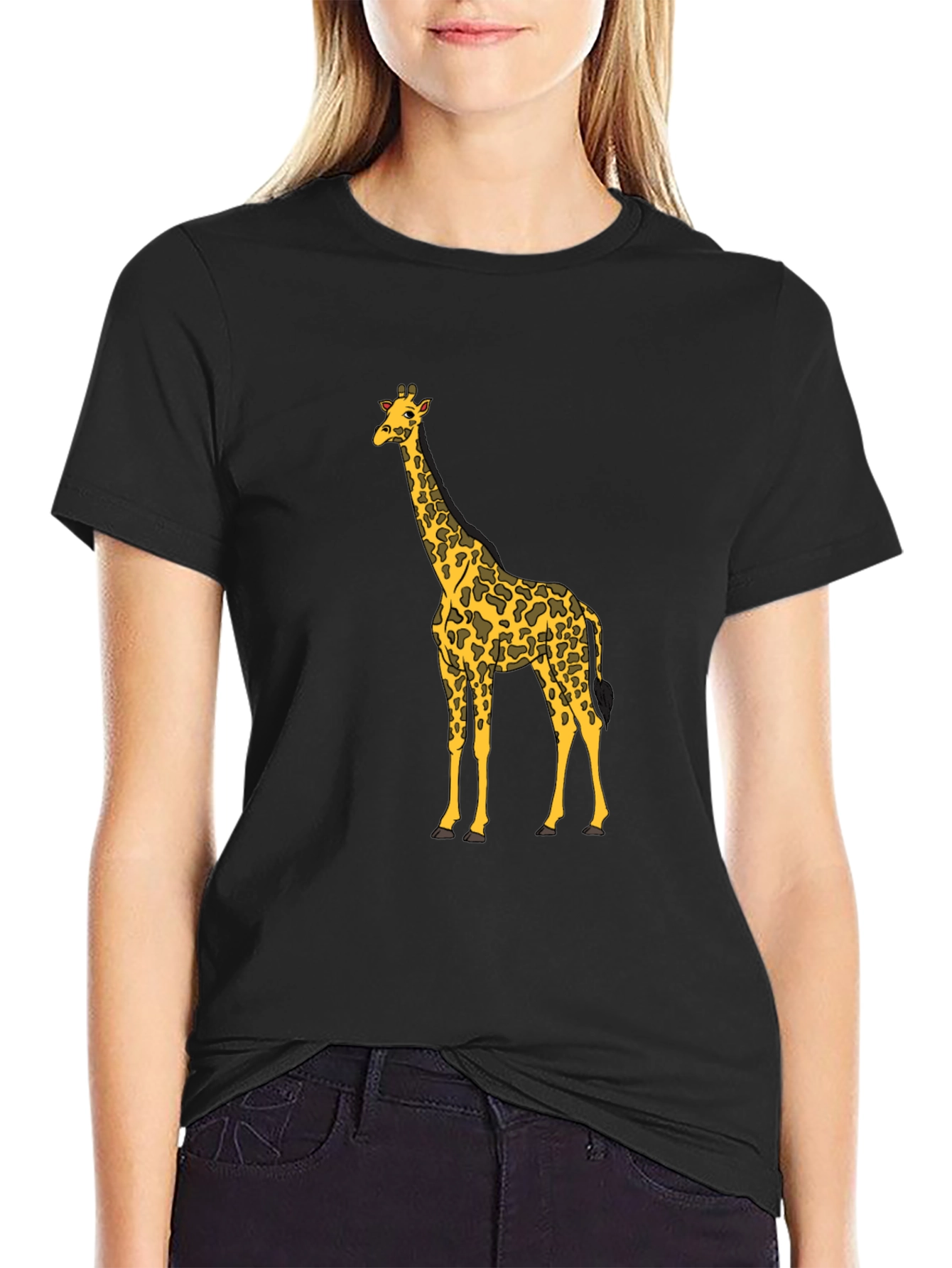 Black Giraffe Print Black T-Shirt, Animal Lover Tee view 2