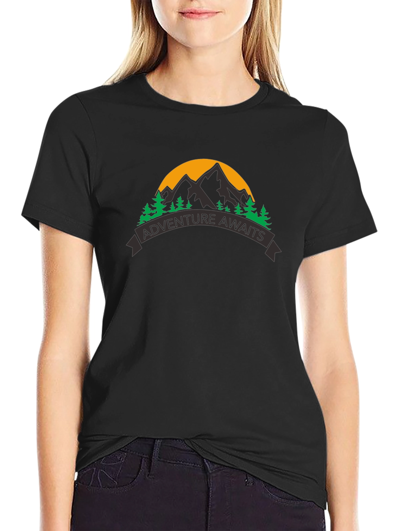 Black Adventure Awaits Graphic Tee - Mountain Scene view 2