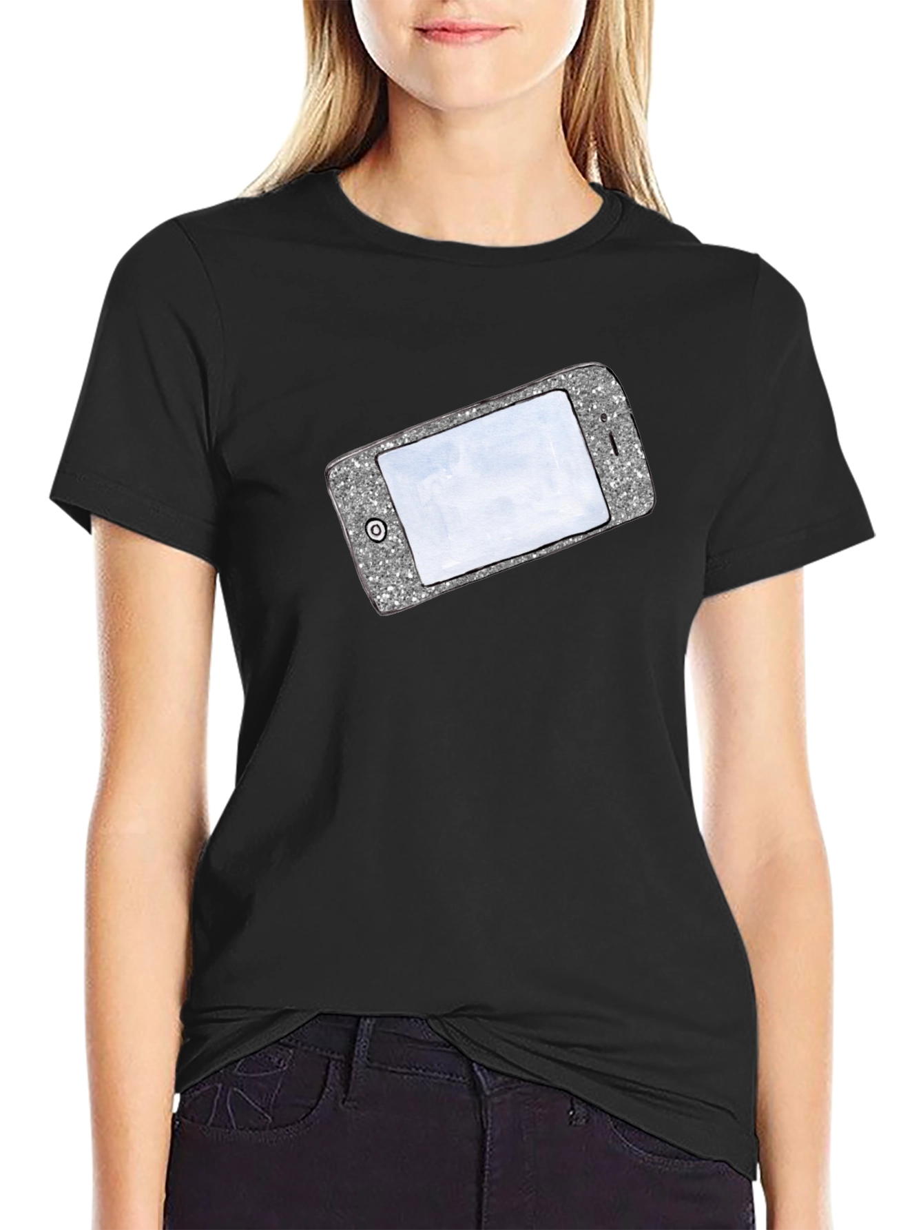 Black Glitter Phone Graphic T-Shirt - Stylish Novelty Tee view 2