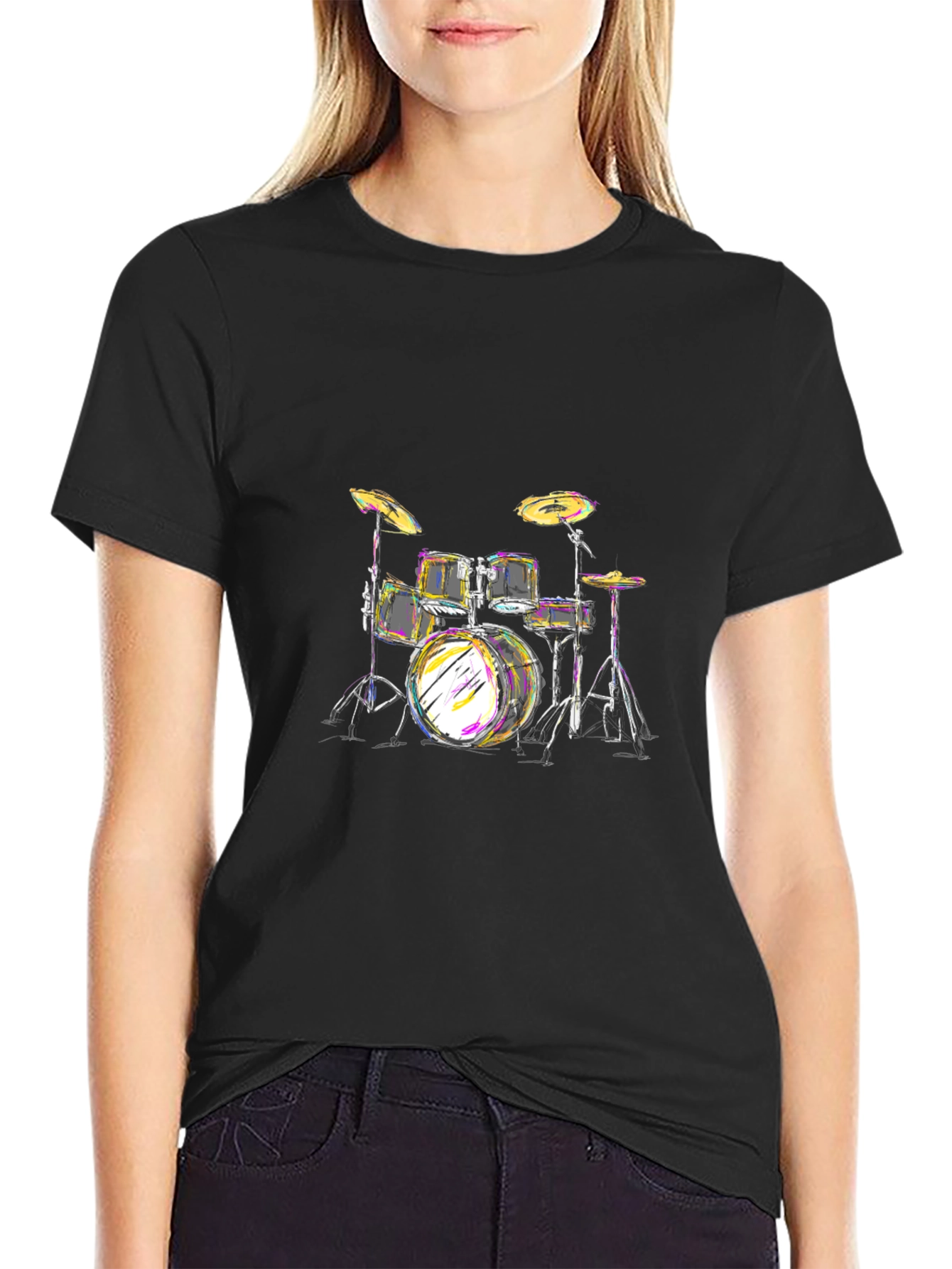 Black Drum Set Graphic Tee - Black Cotton T-Shirt view 2