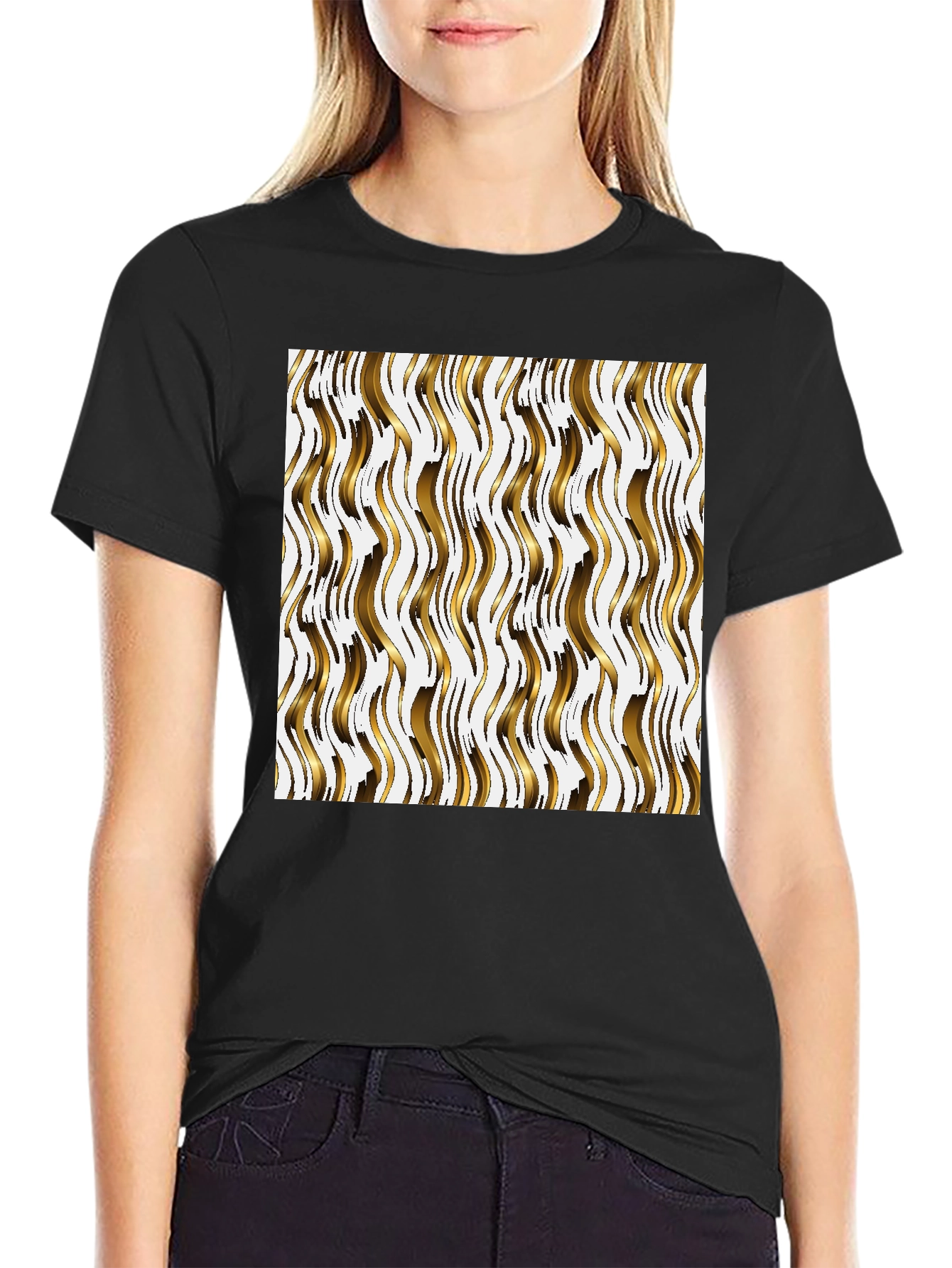 Black Gold Wave Pattern Black Tee - Modern Style view 2