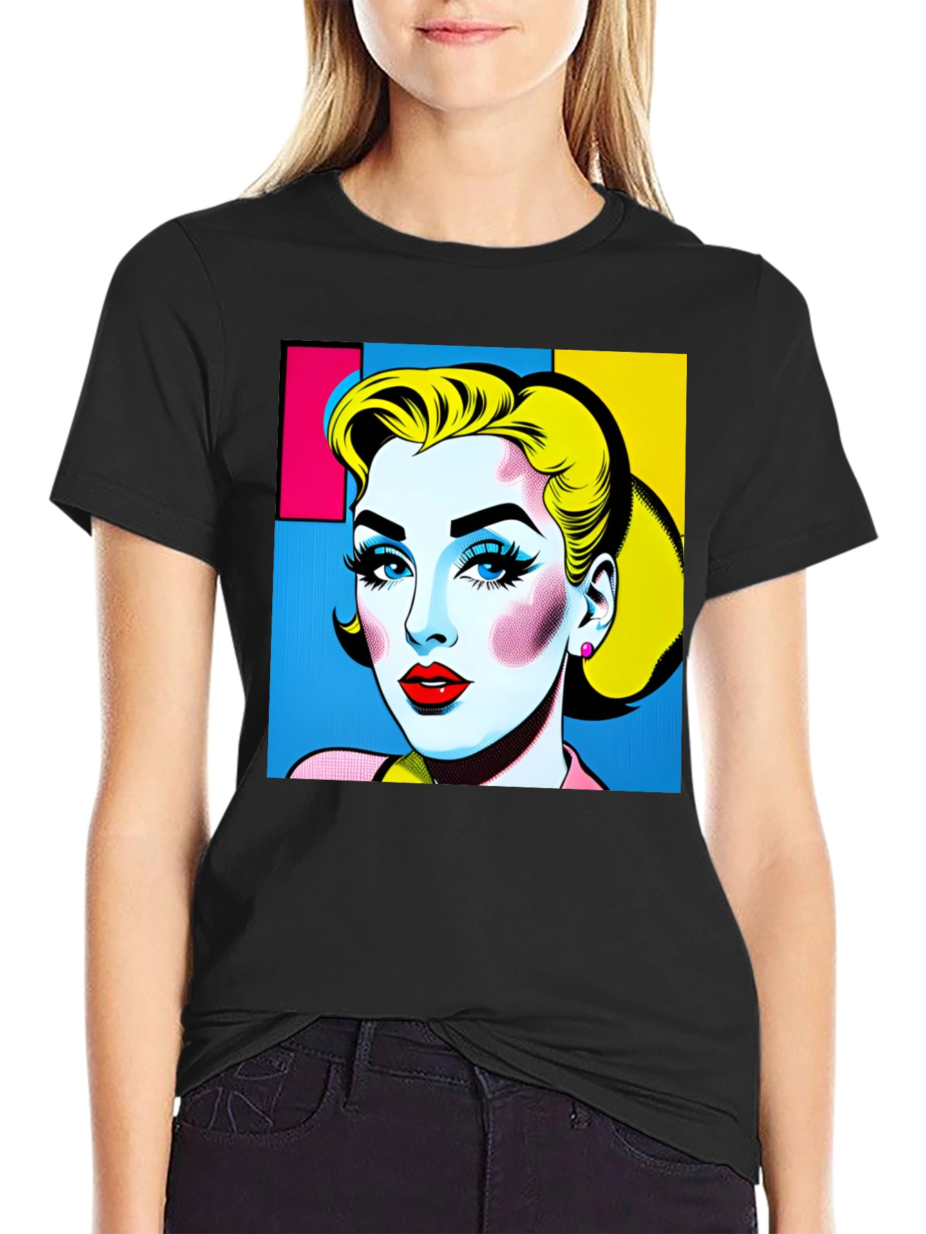 Black Pop Art Woman Graphic Black T-Shirt view 2