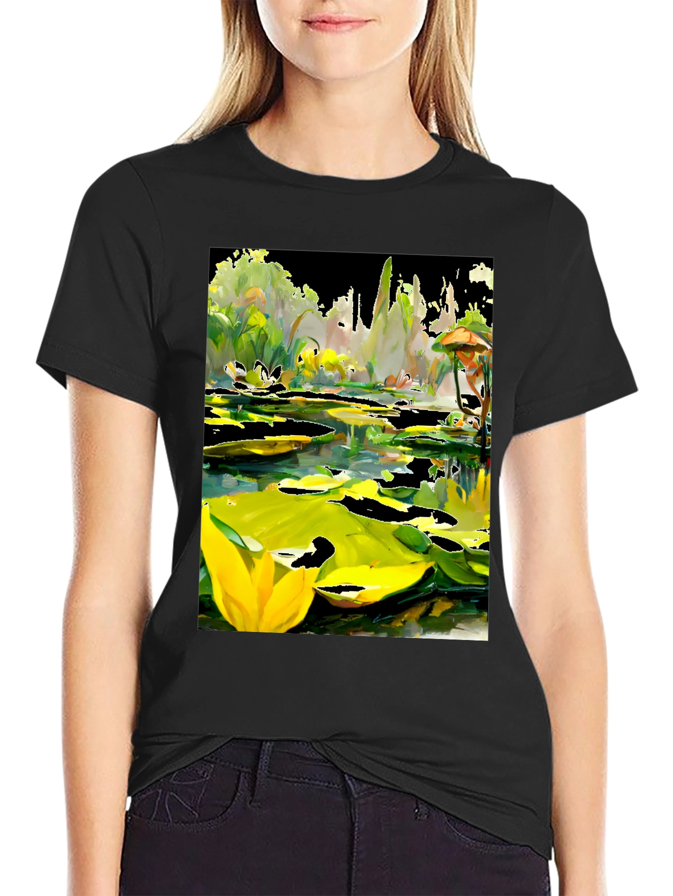 Black Lily Pond T-Shirt - Unique Artistic Design view 2