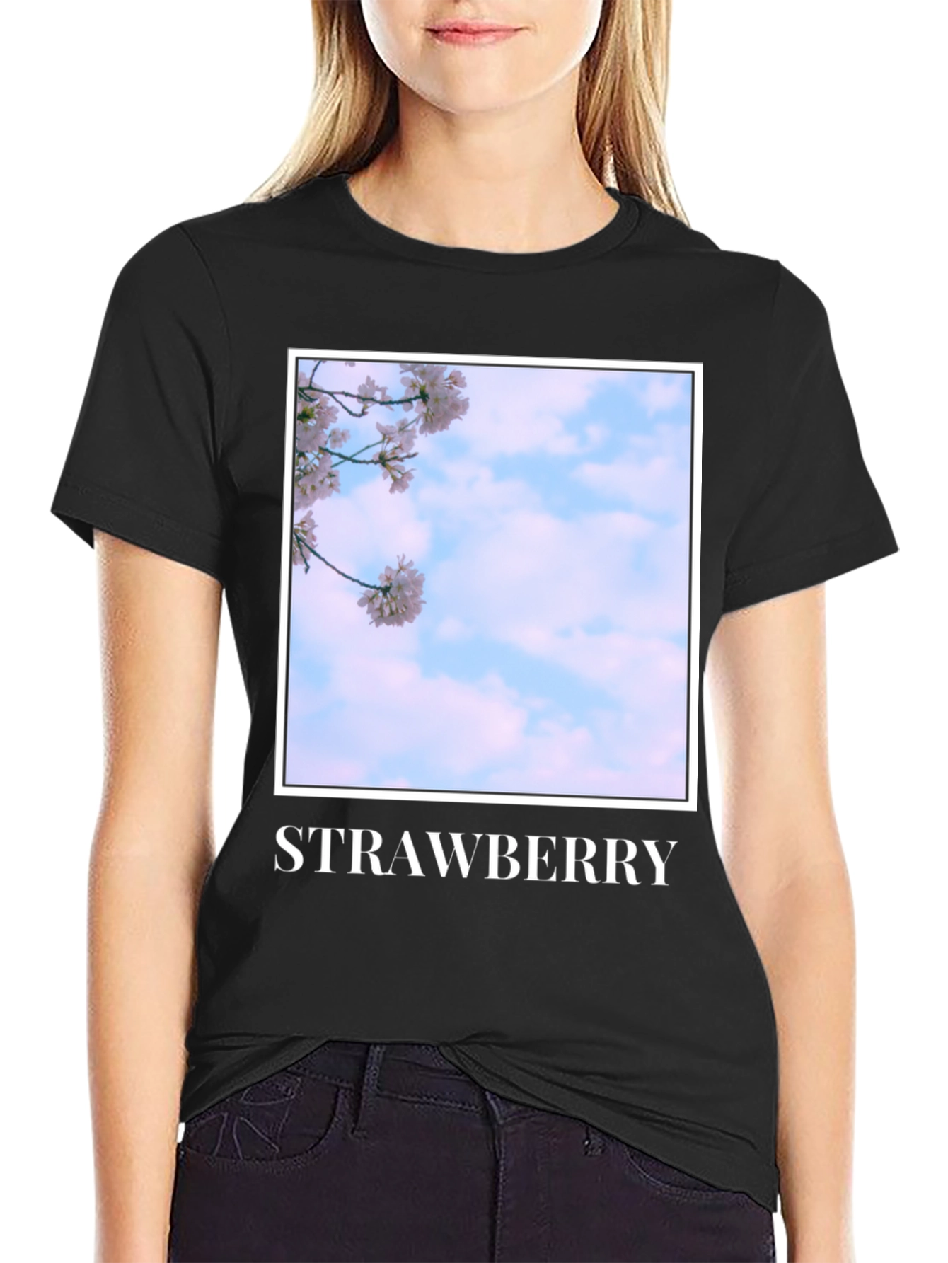 Black Strawberry Blossom T-Shirt - Soft Cotton Blend view 2
