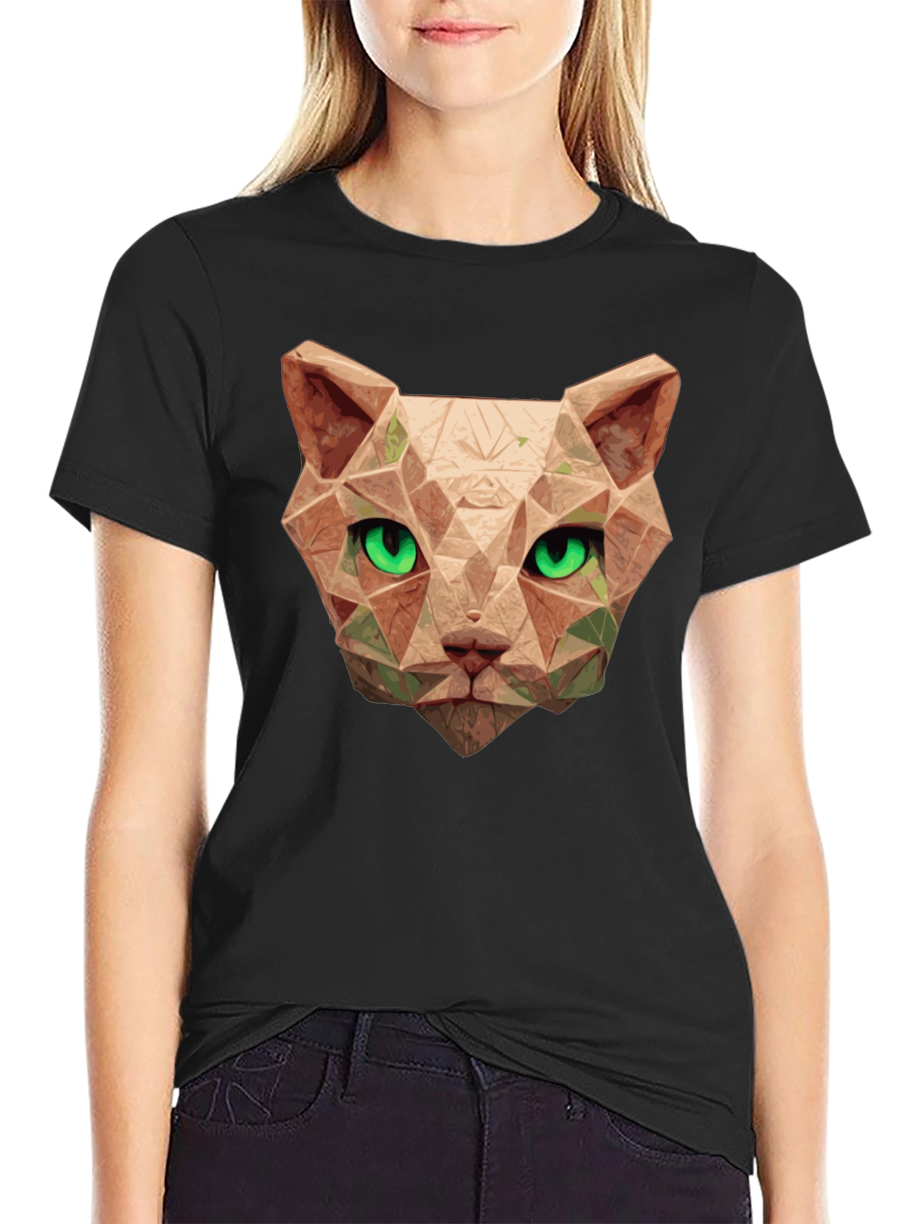 Black Geometric Cat Head T-Shirt - Stylish Graphic Tee view 2