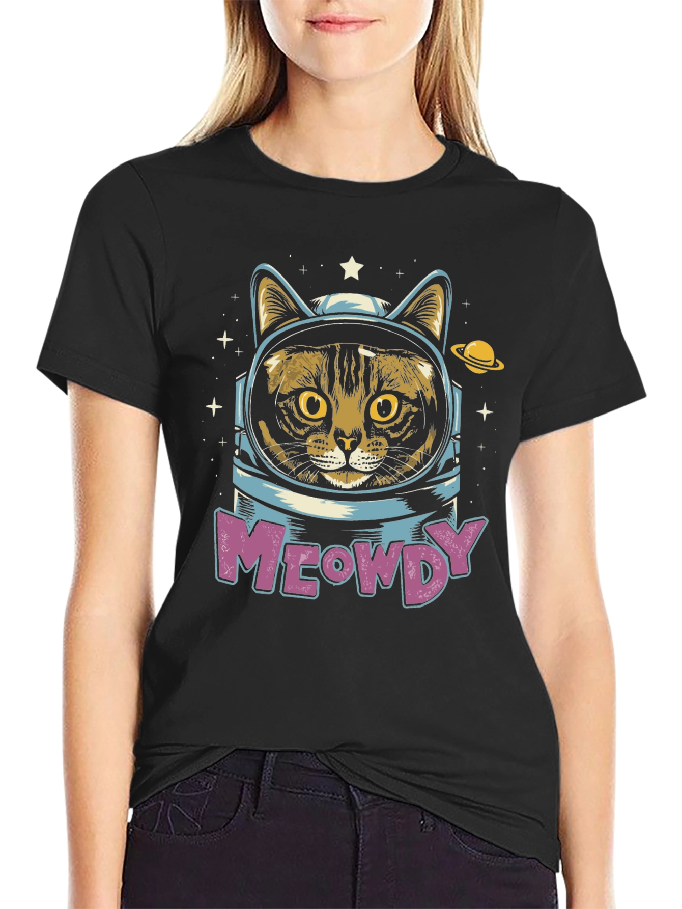 Black Meowdy Cat Astronaut T-Shirt - Space Kitty Tee view 2