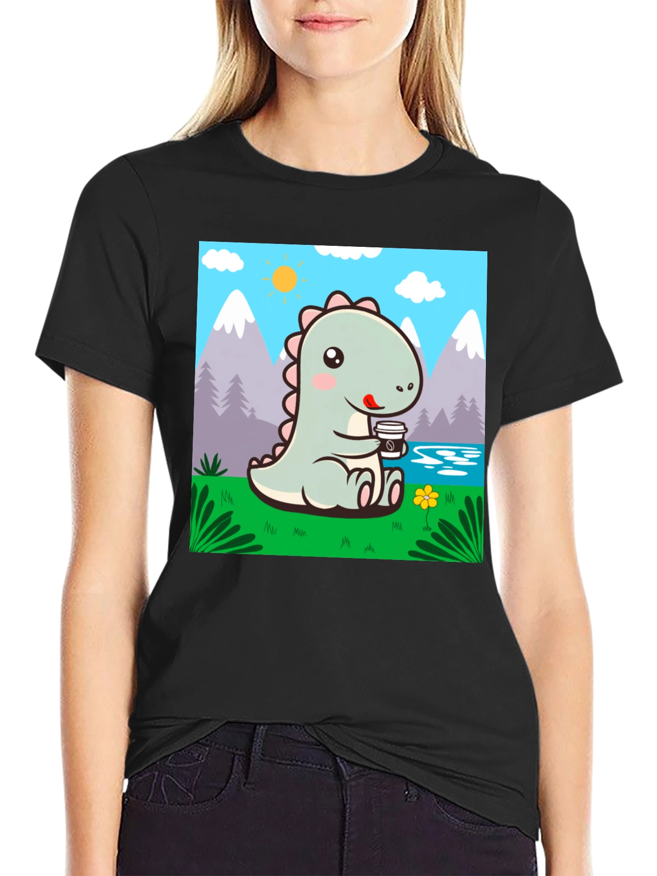 Black Cute Dinosaur Coffee T-Shirt view 2