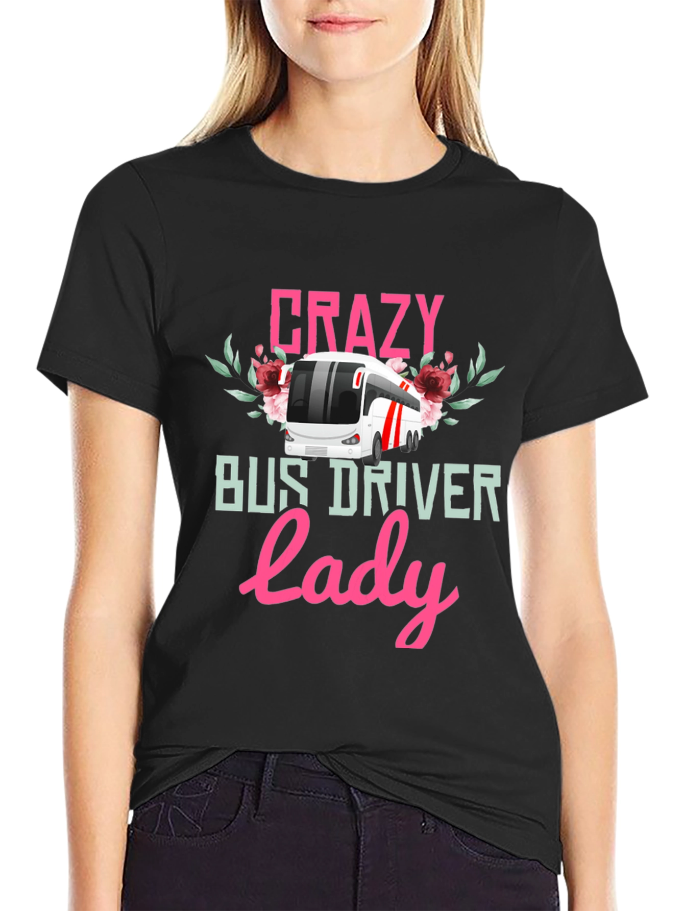 Black Crazy Bus Driver Lady T-Shirt - Floral Design view 2