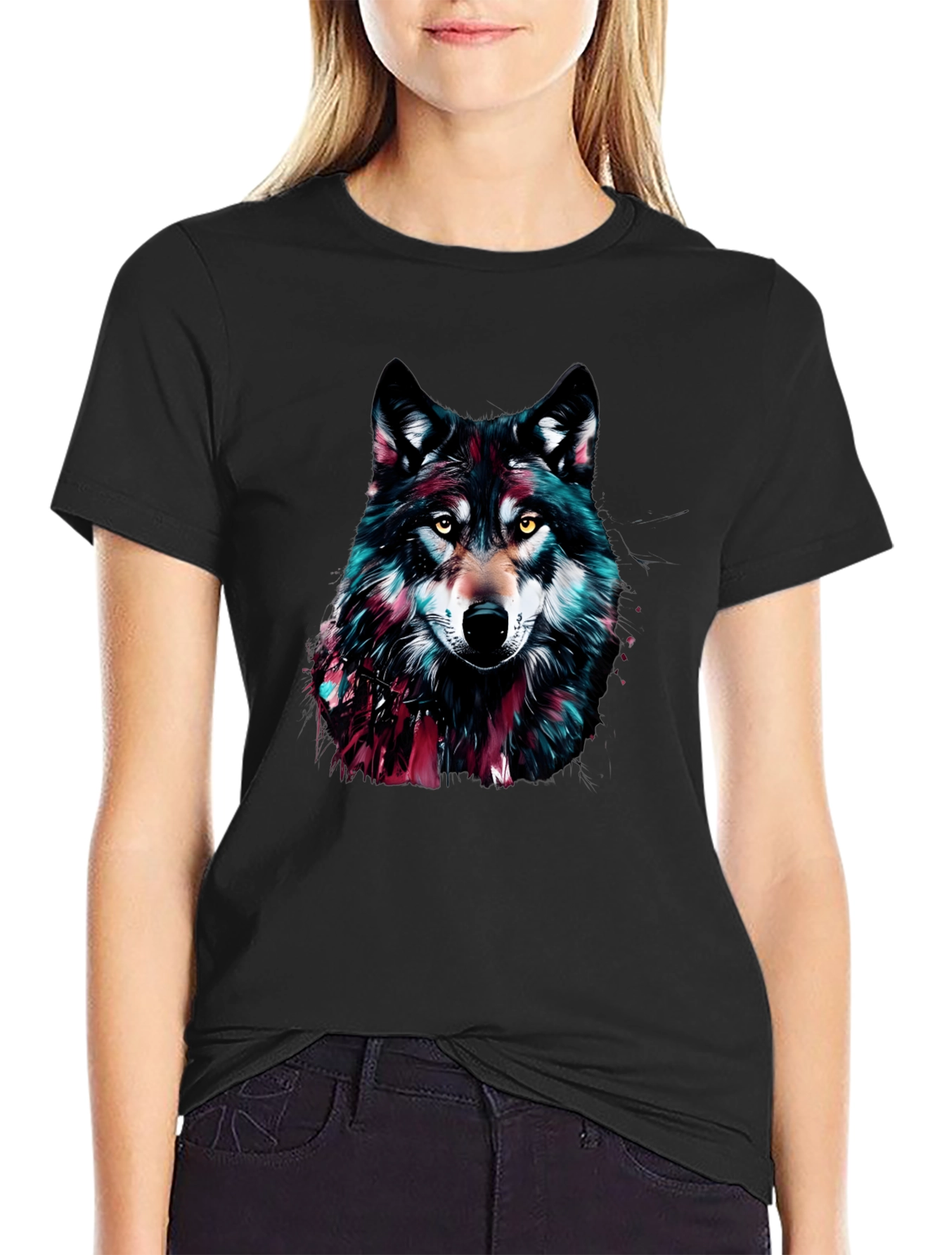 Black Wolf Graphic Print Crew Neck Men's T-Shirt view 2