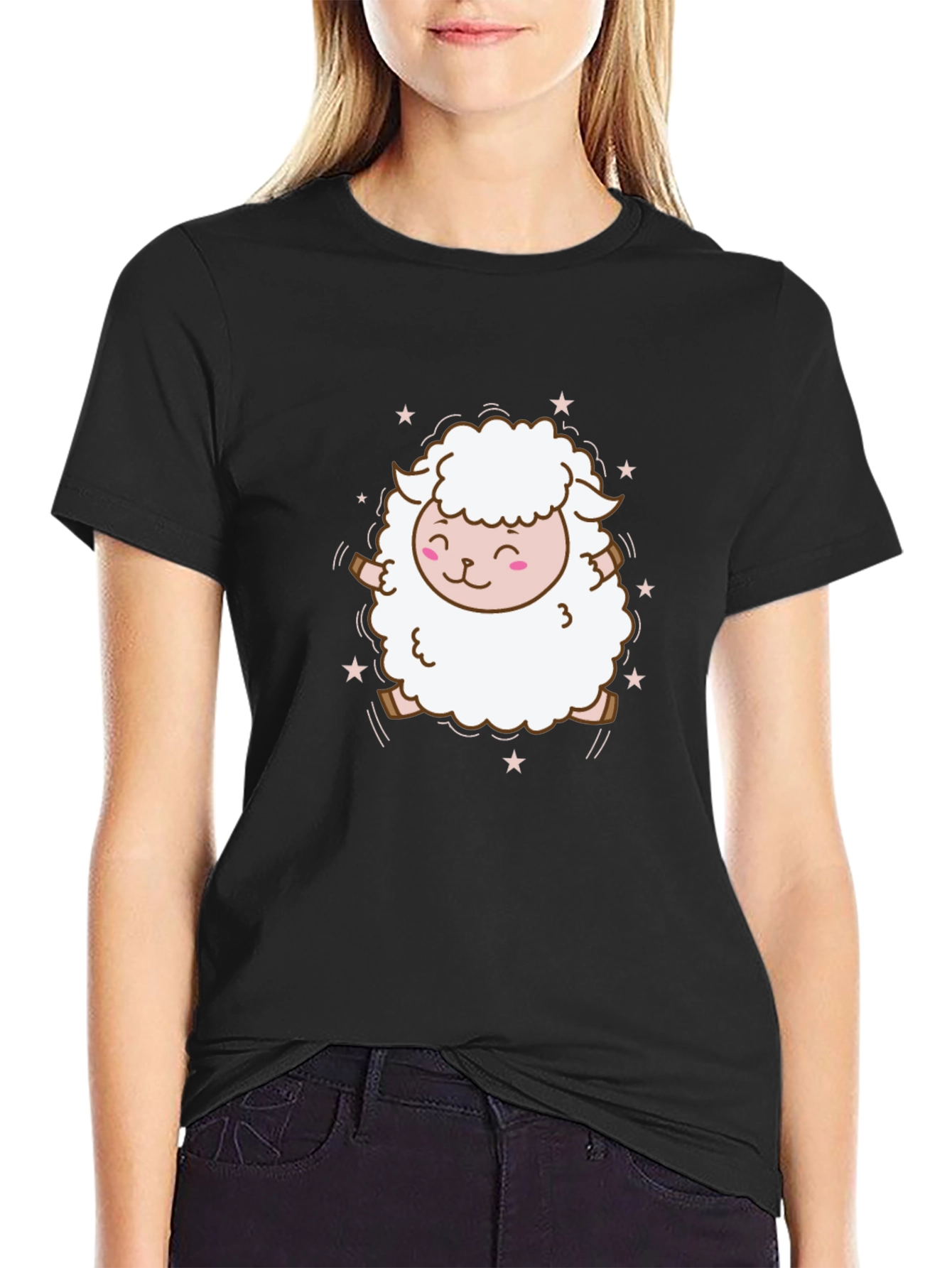 Black Cute Sheep Graphic Tee - Soft Cotton Blend view 2