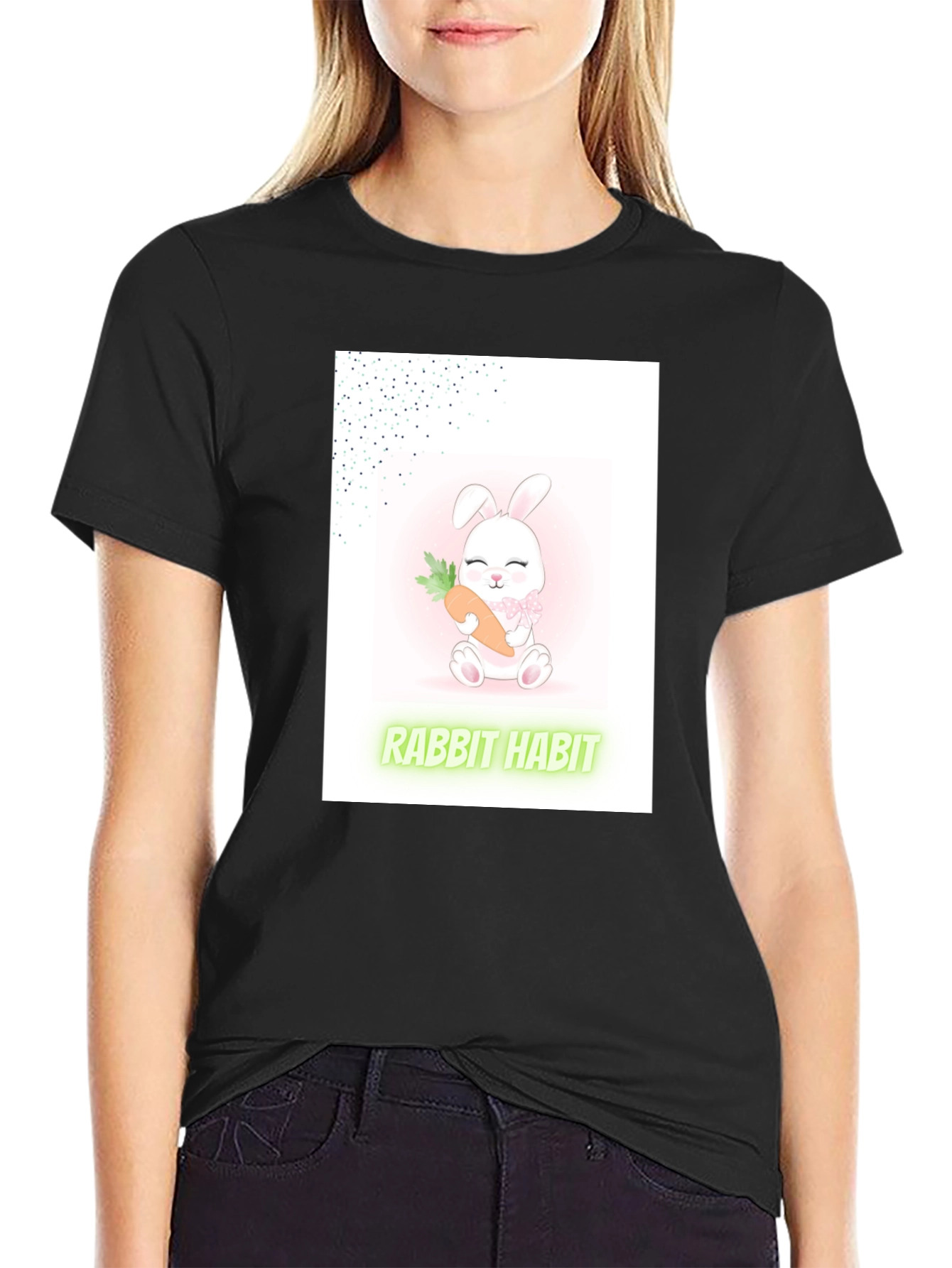 Black Cute Rabbit Habit Graphic Tee - Trendy Unisex T-Shirt view 2