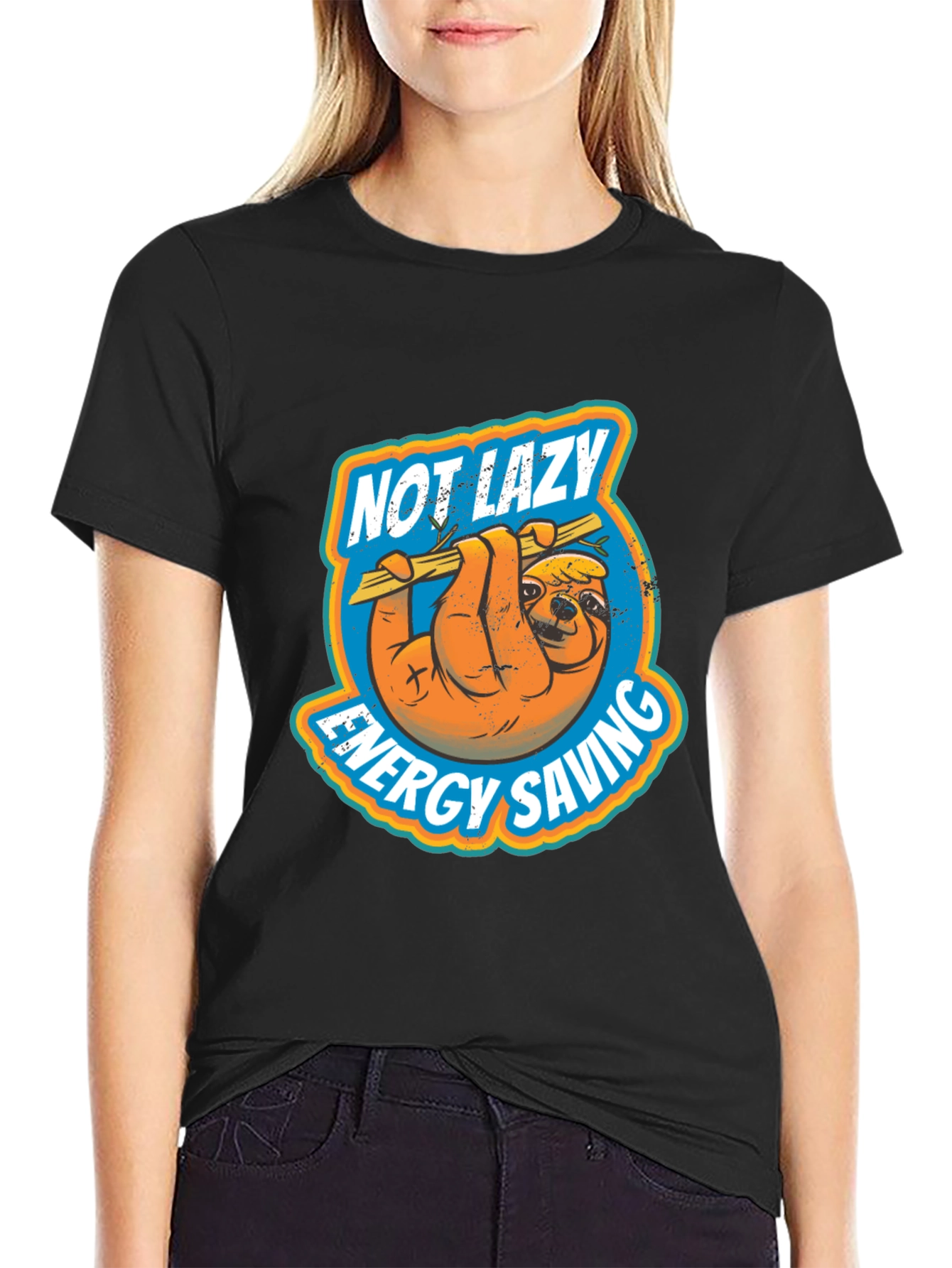 Black Not Lazy Energy Saving Sloth Graphic T-Shirt view 2