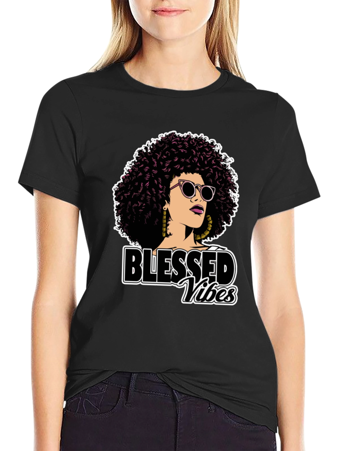 Black Blessed Vibes Graphic Tee - Stylish Afro Woman Design view 2