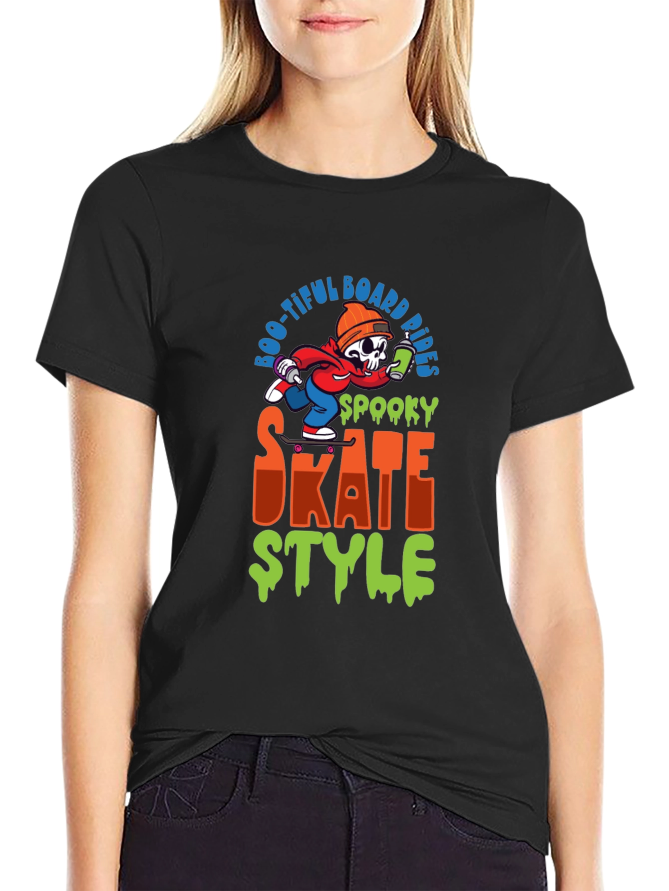 Black Spooky Skate Style T-Shirt: Boo-tiful Board Rides view 2