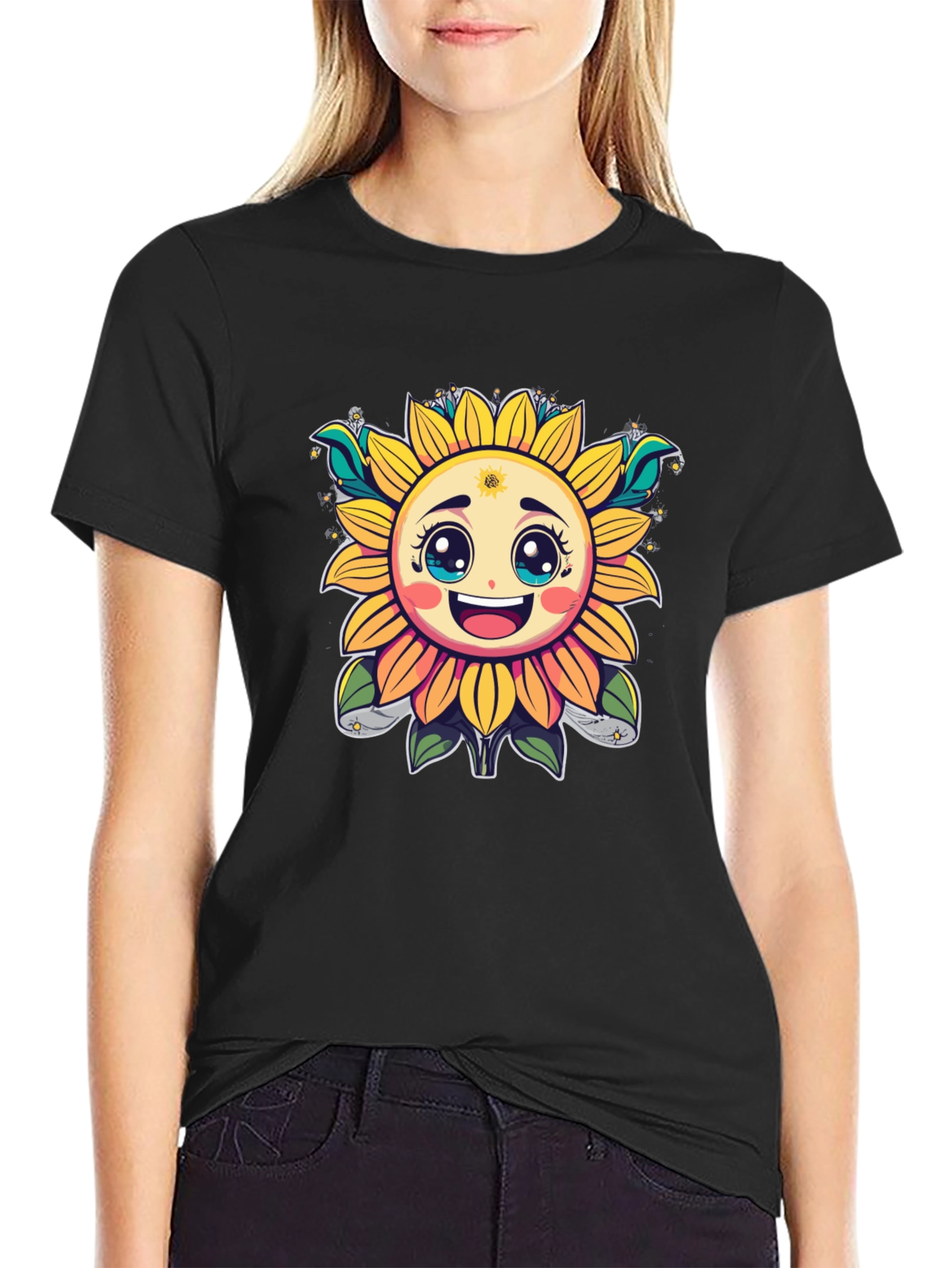 Black Happy Sunflower Graphic T-Shirt - Cheerful Black Tee view 2