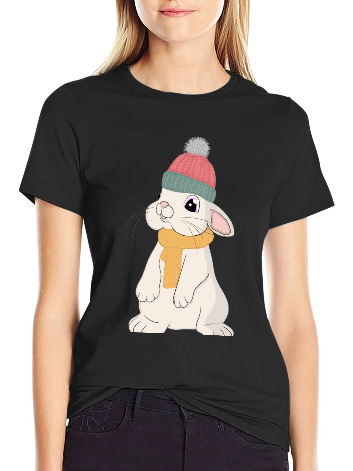 Black Cute Rabbit T-Shirt - Cartoon Bunny Graphic Tee view 2