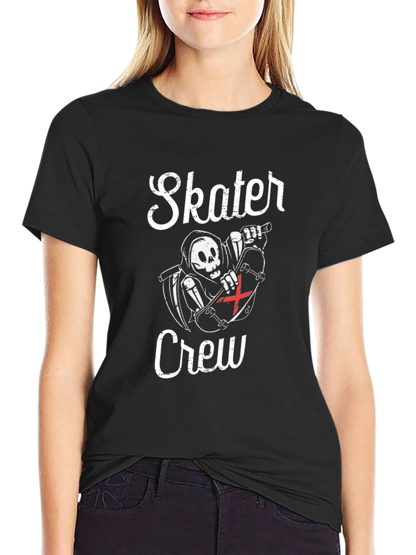 Black Skater Crew T-Shirt - Grim Reaper Skateboard Design view 2