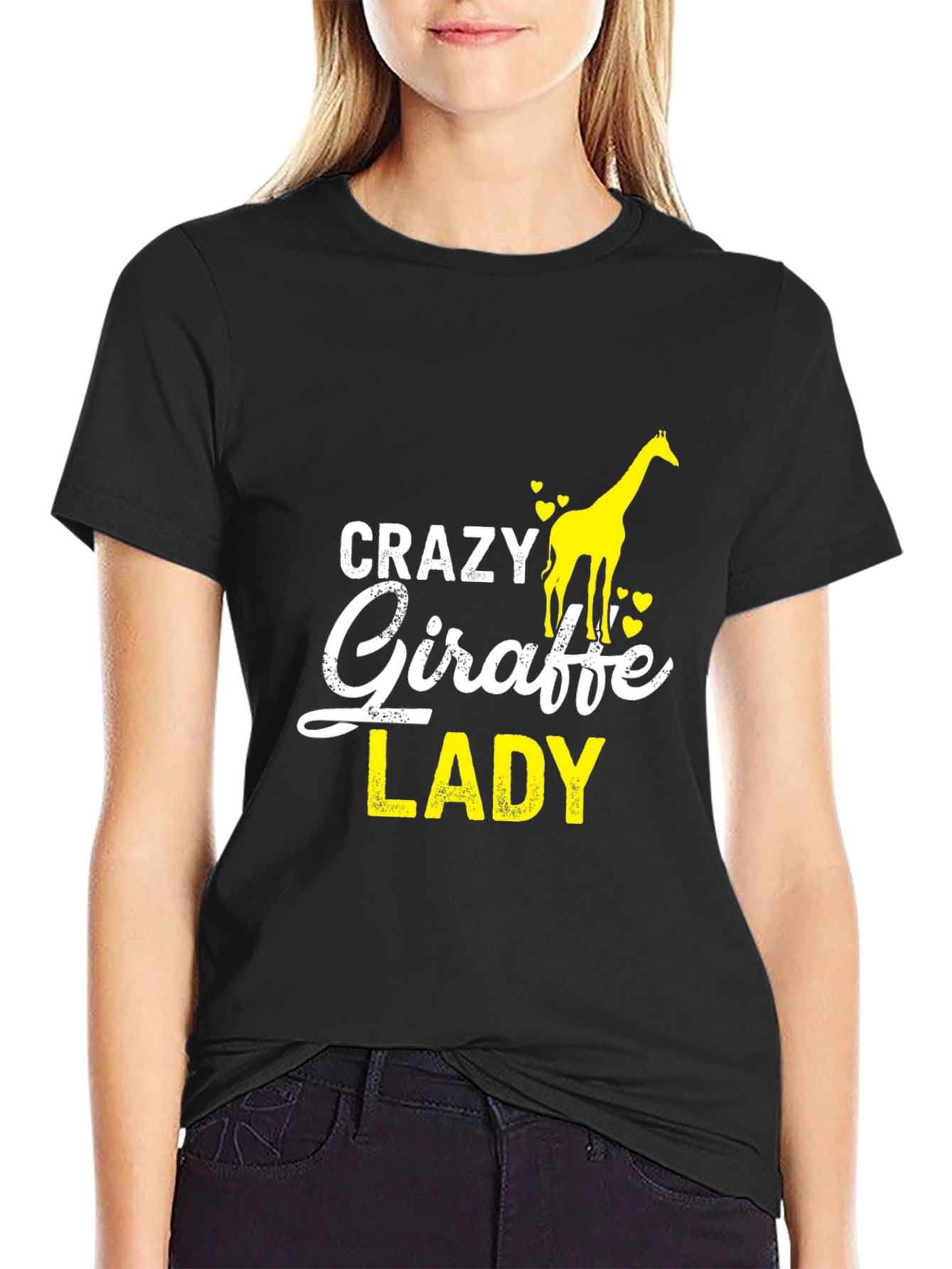Black Crazy Giraffe Lady T-Shirt - Funny Animal Lover Tee view 2