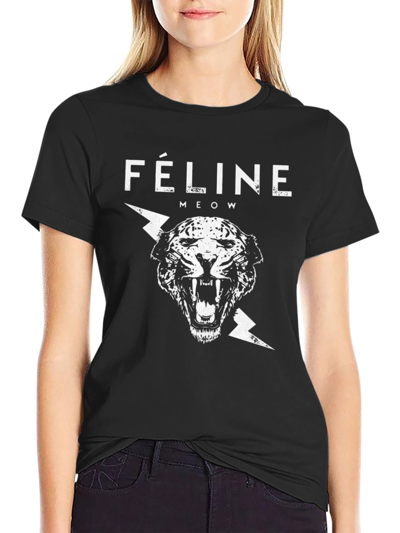 Black Feline Meow Graphic Print Black T-Shirt view 2