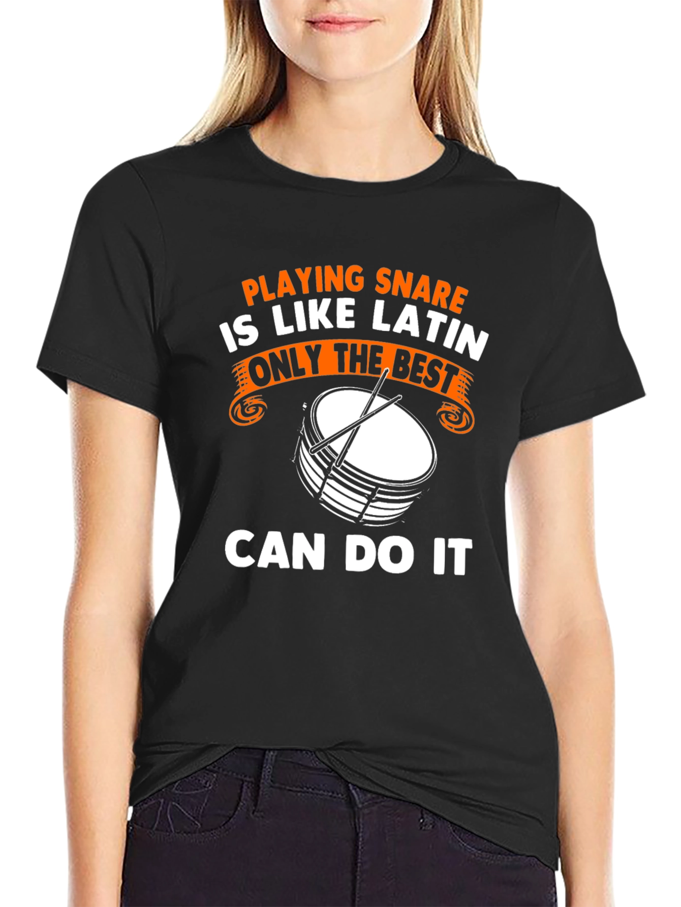 Black Funny Drummer T-Shirt: Playing Snare is Like Latin view 2
