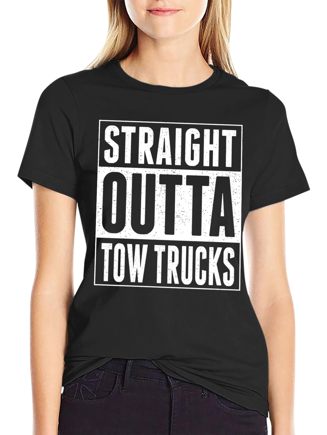 Black Straight Outta Tow Trucks Funny T-Shirt view 2