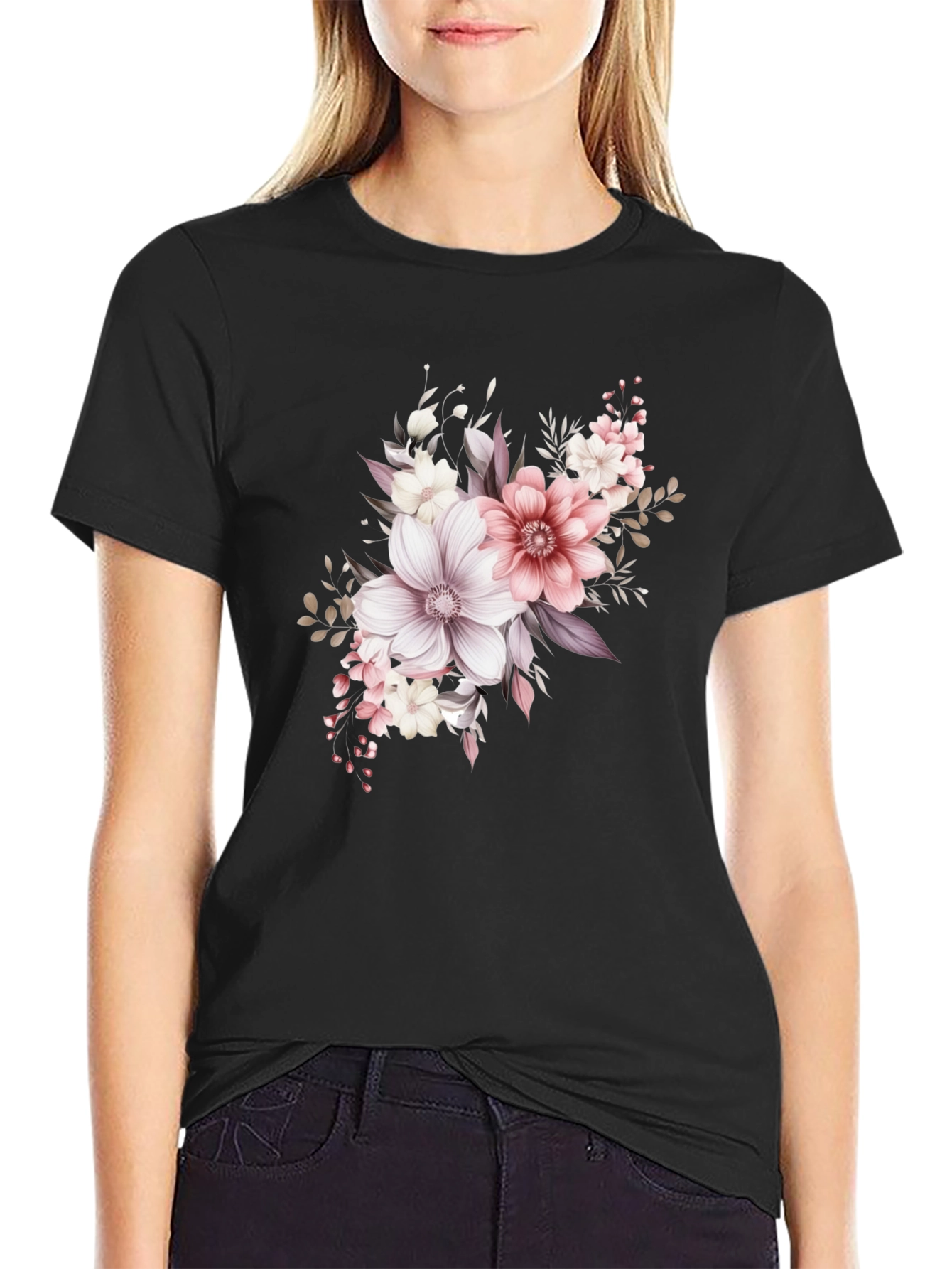 Black Floral Print Black T-Shirt view 2