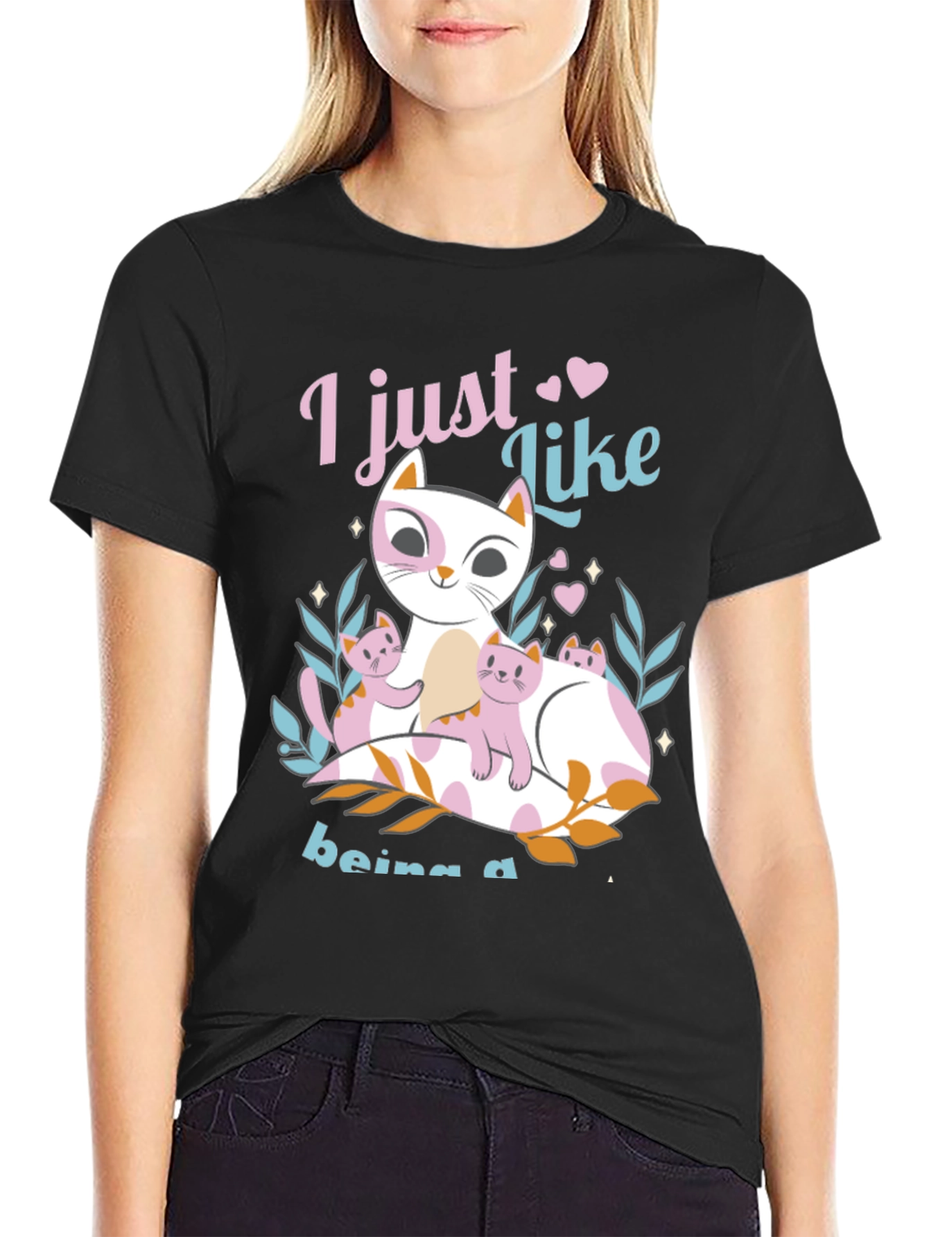 Black Cute Cat Lover T-Shirt - Just Like Being a Cat Mom view 2