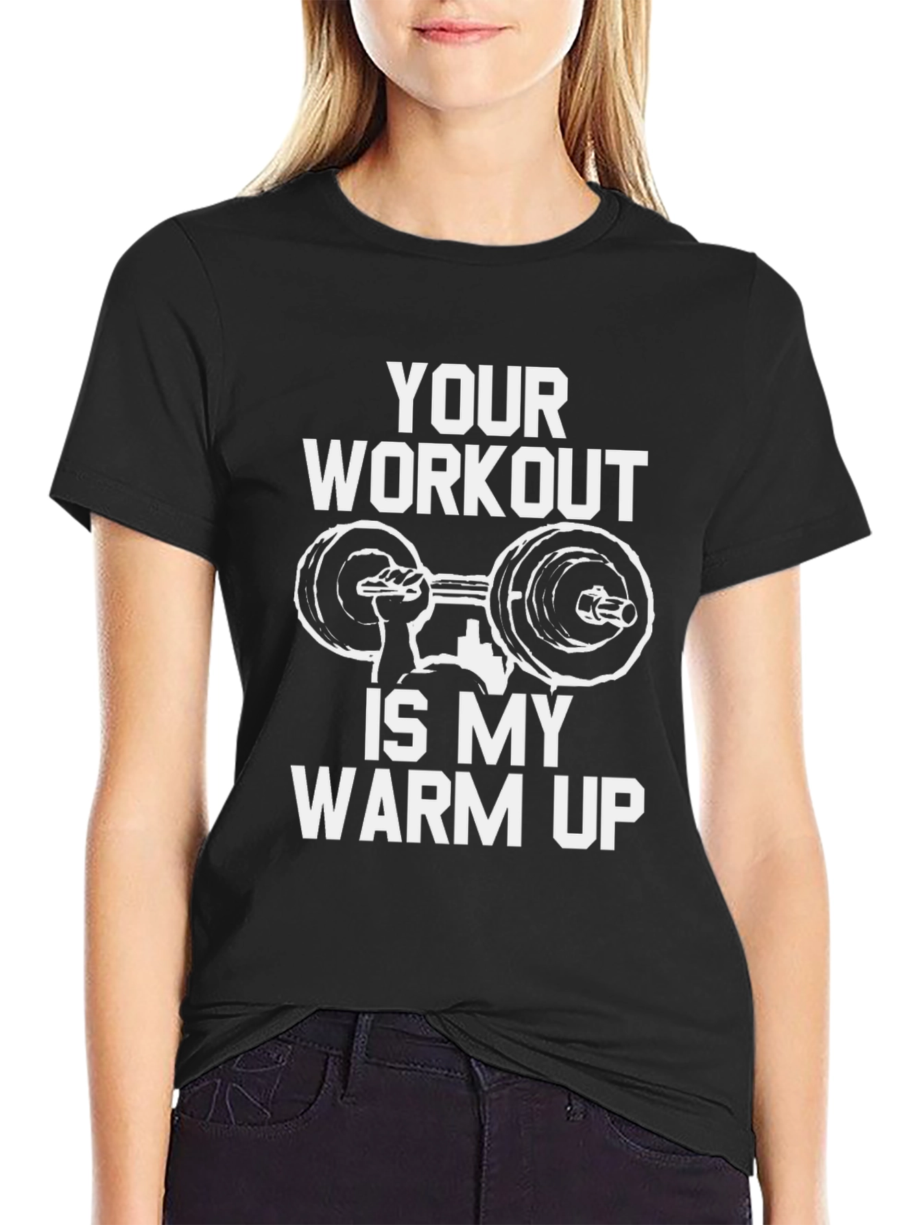 Black Workout Humor T-Shirt - Your Workout Is My Warm Up view 2