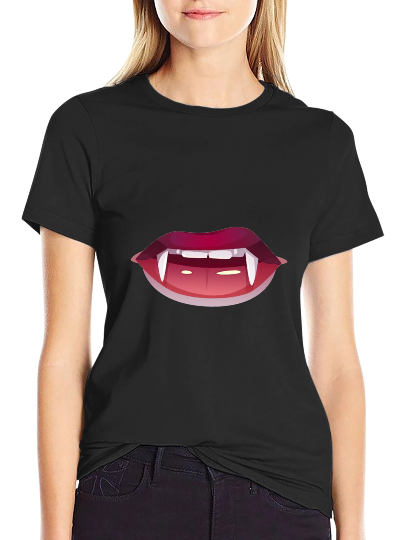 Black Vampire Lips Graphic Tee - Black Cotton T-Shirt view 2