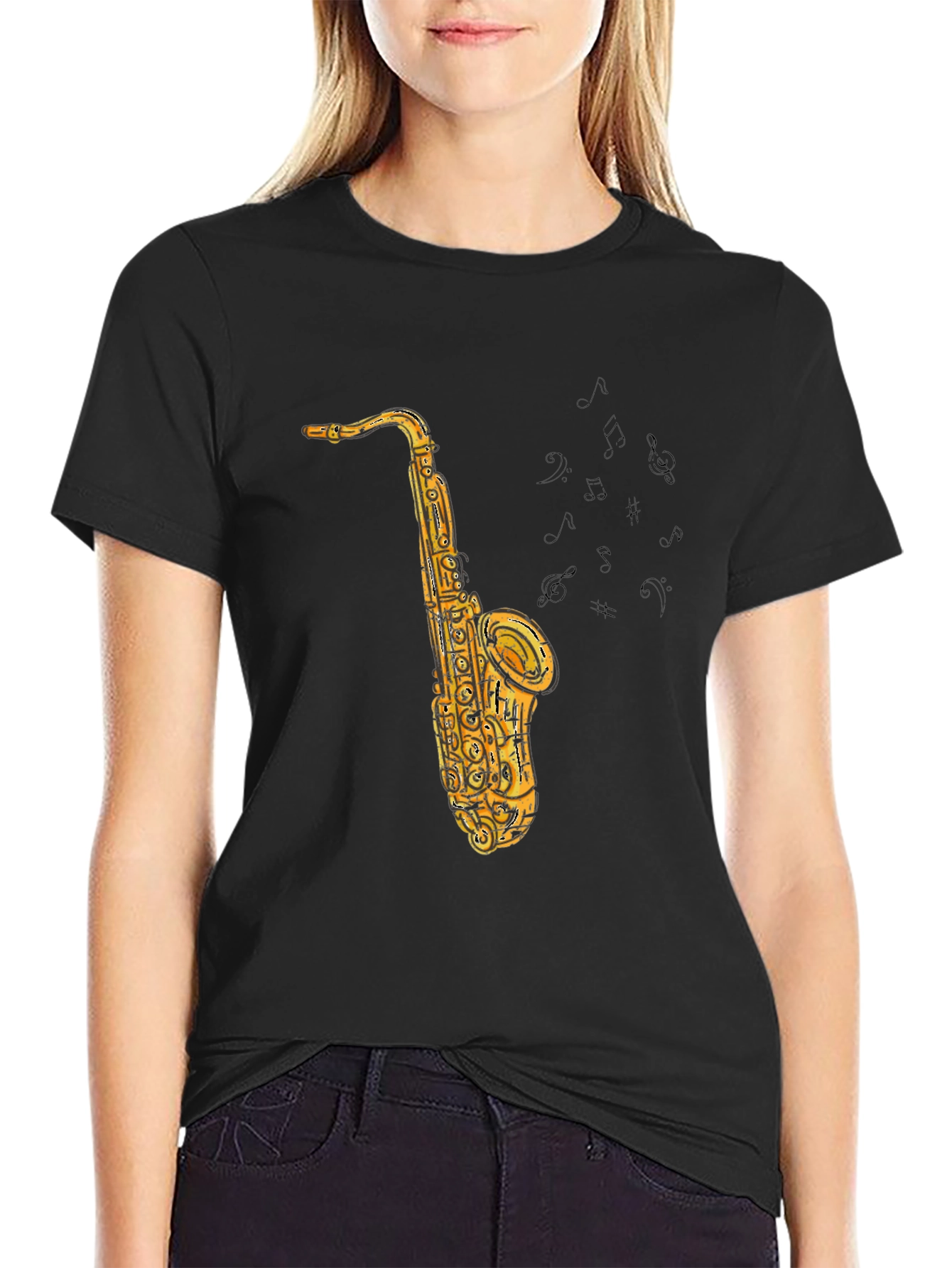 Black Saxophone Graphic Tee - Black Cotton T-Shirt view 2