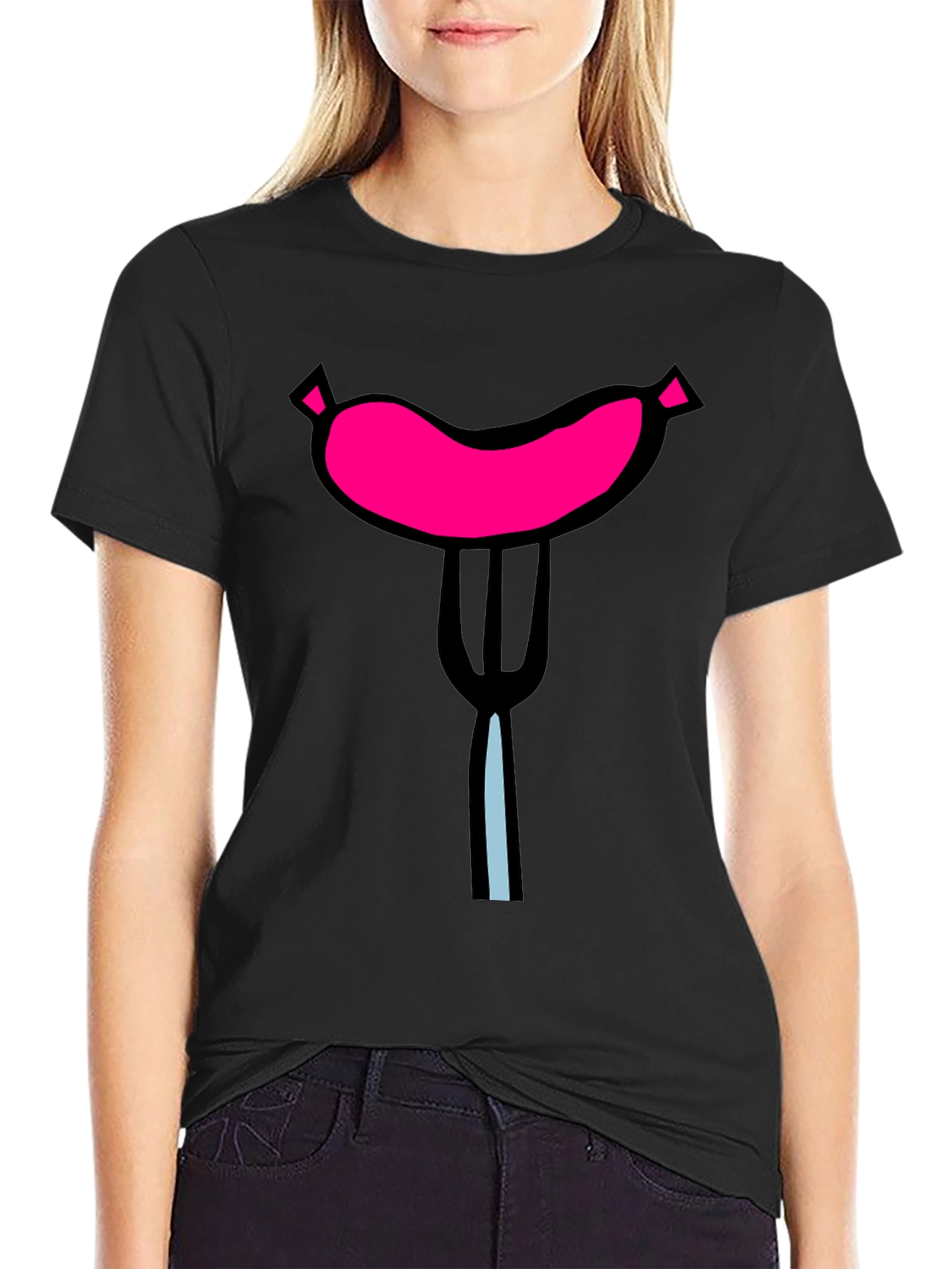 Black Funny Sausage on Fork Black T-Shirt view 2