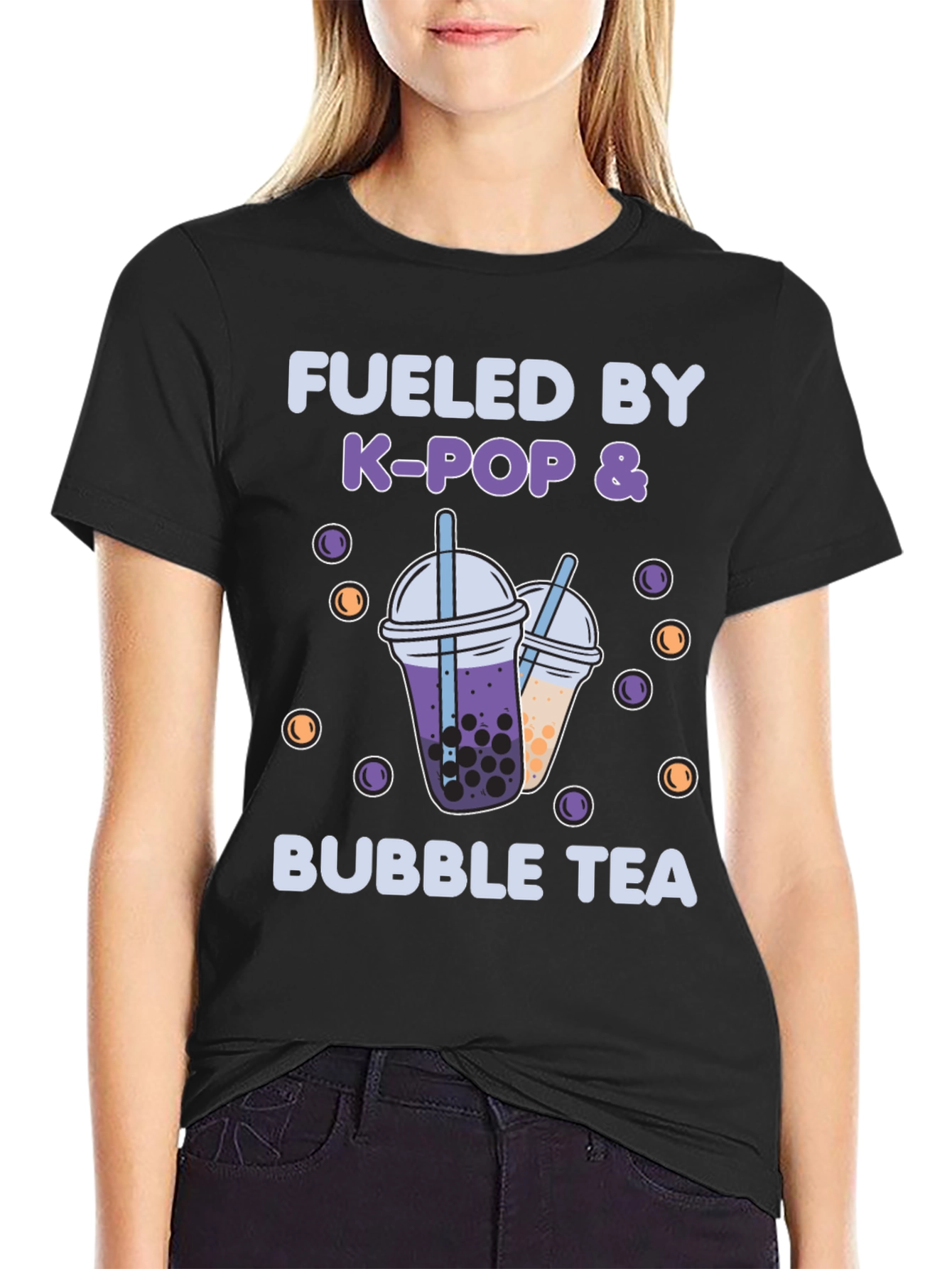 Black Fueled by K-Pop & Bubble Tea Graphic T-Shirt view 2
