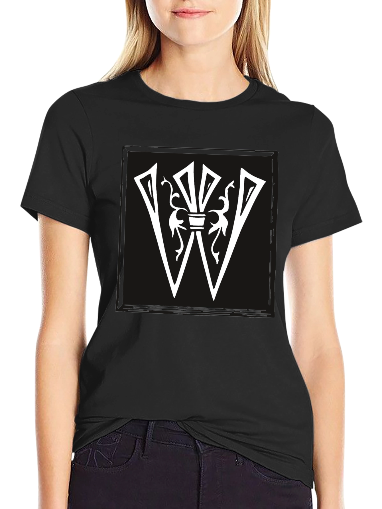 Black Graphic Tee: White Letter W Design on Black Shirt view 2