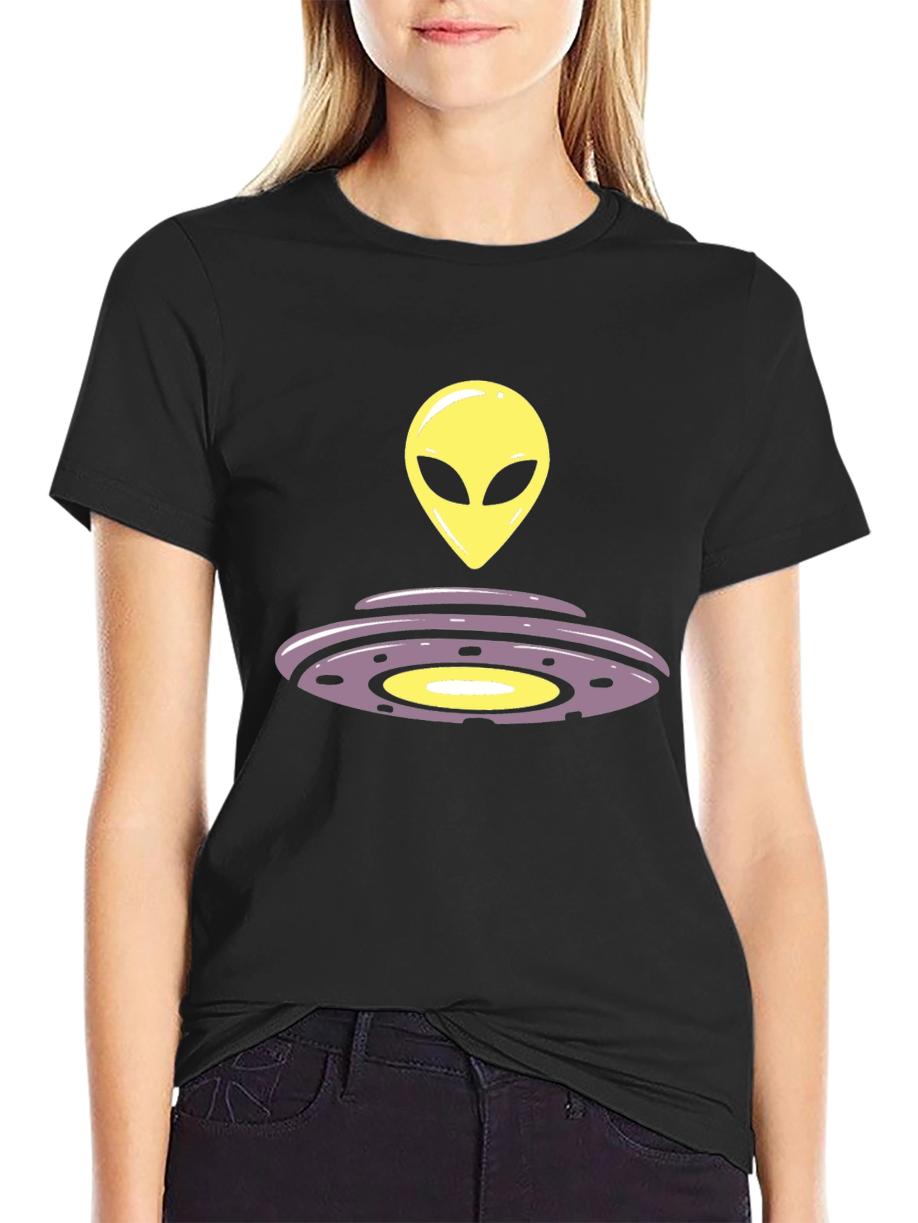 Black Alien UFO Graphic Tee - Black Casual T-Shirt view 2