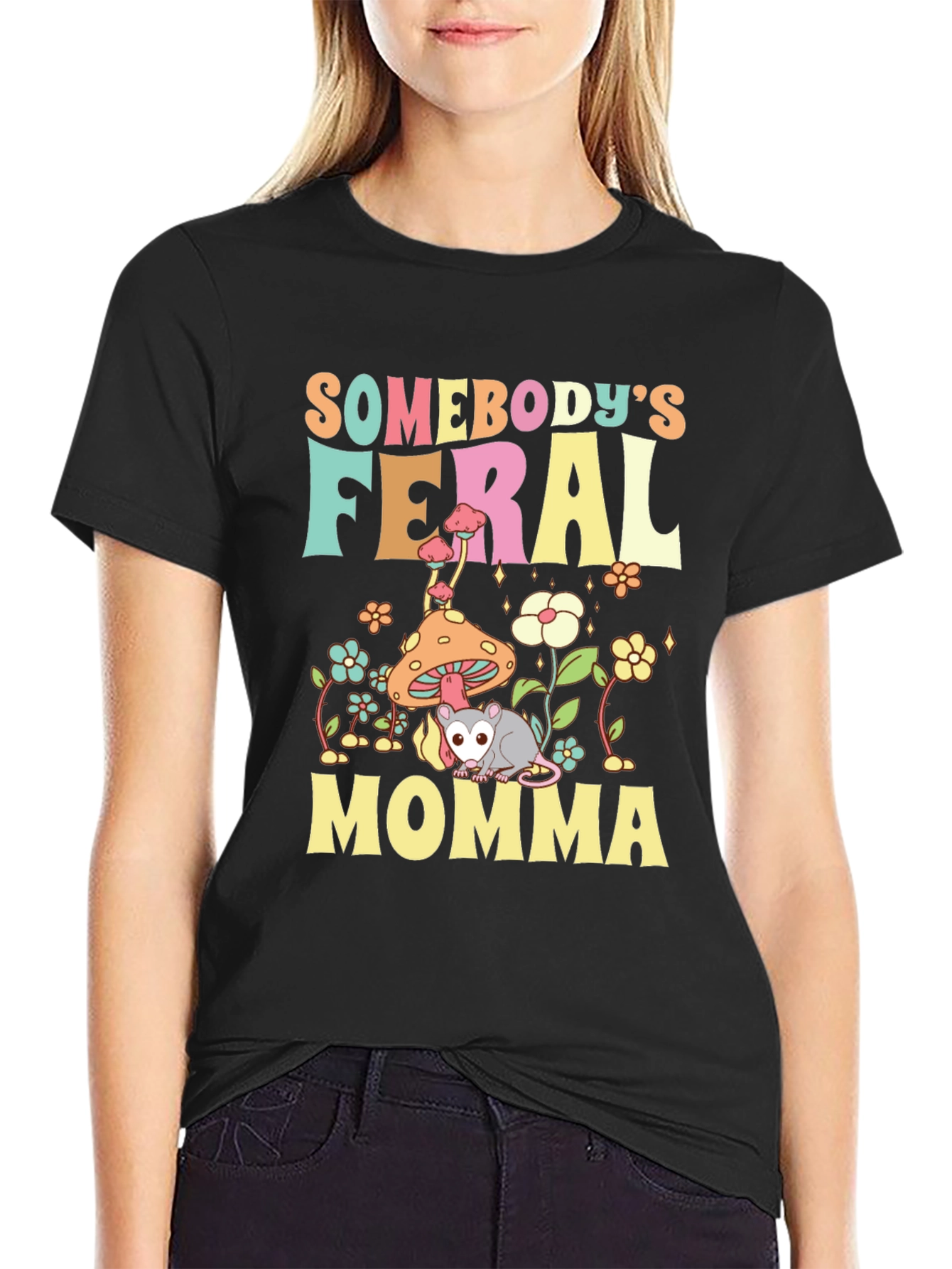 Black Somebody's Feral Momma Opossum Graphic T-Shirt view 2