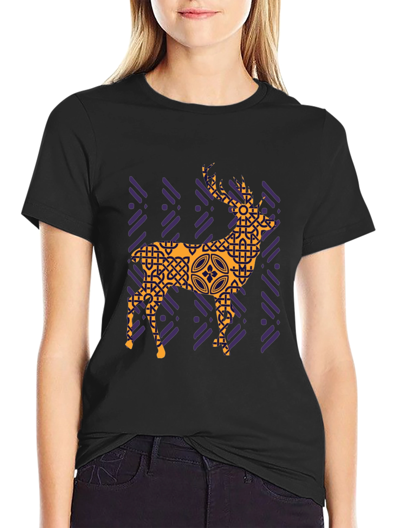 Black Geometric Deer Graphic Tee - Black view 2