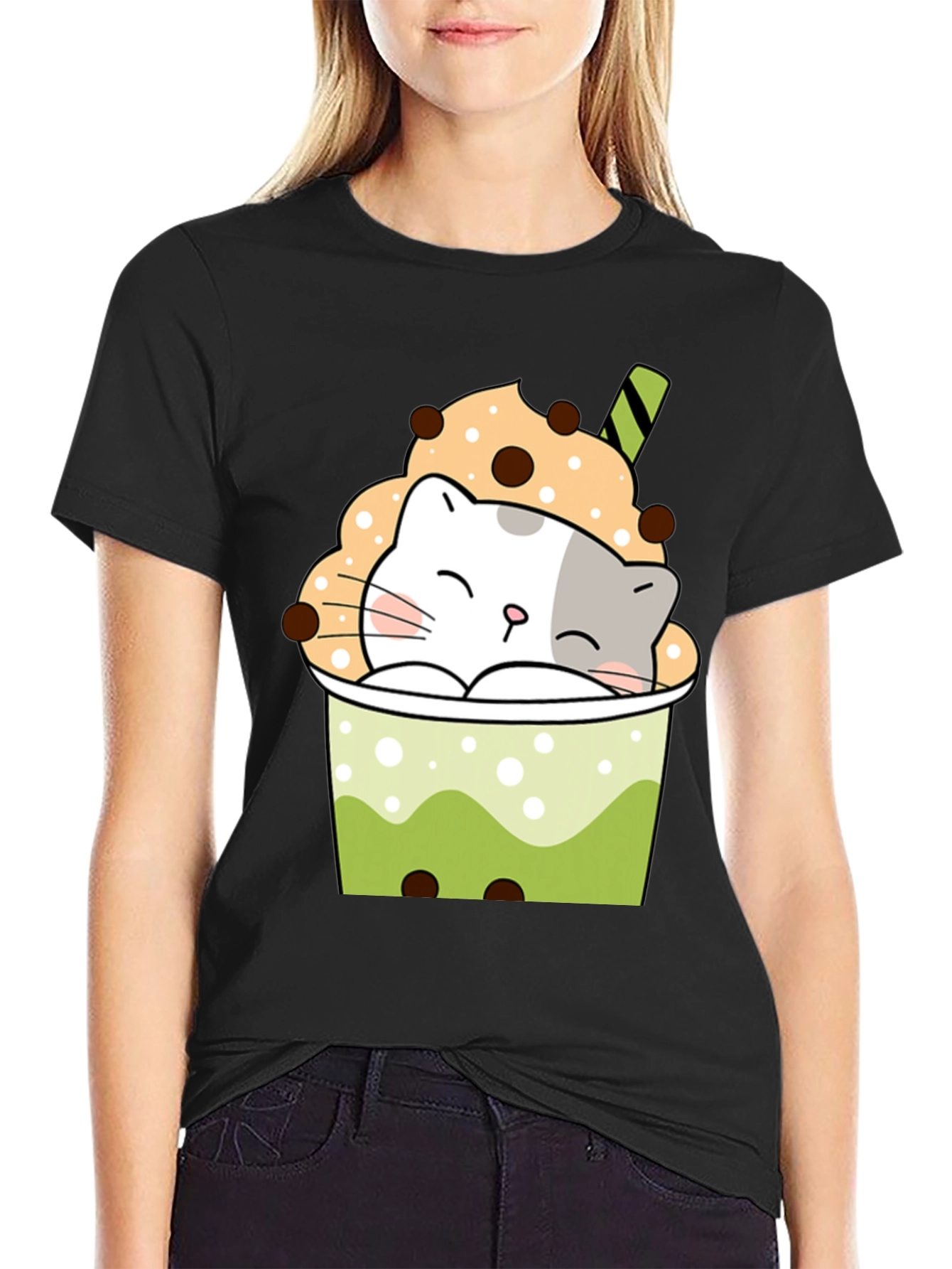 Black Cute Boba Cat Black T-Shirt view 2