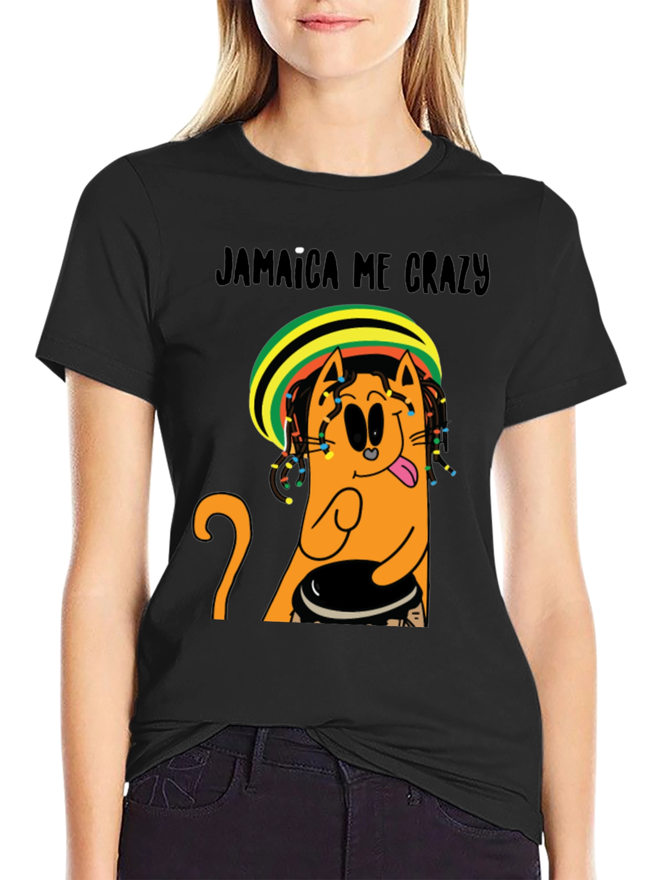 Black Jamaica Me Crazy T-Shirt - Cat Reggae Design view 2
