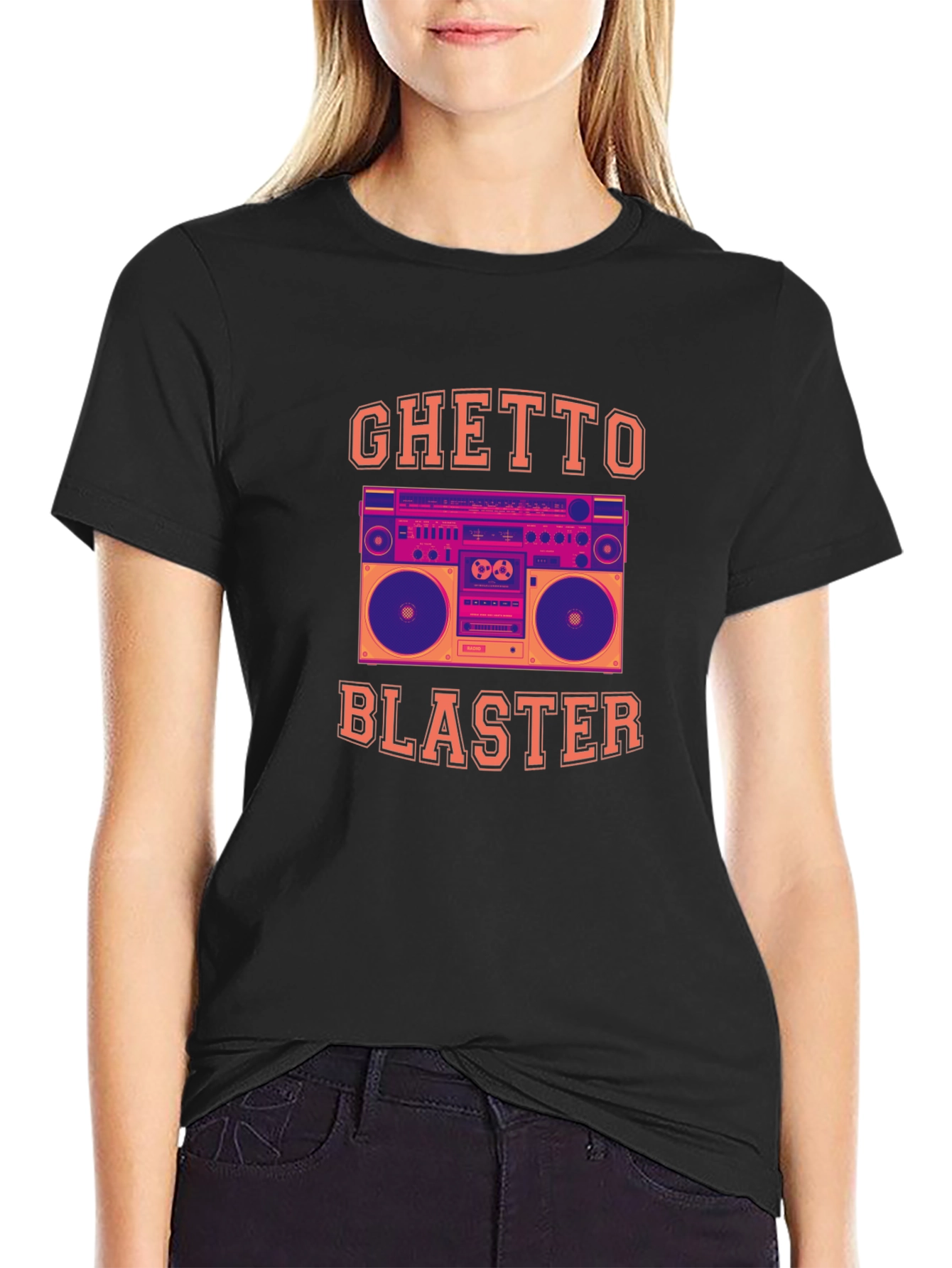 Black Ghetto Blaster Graphic Tee - Retro Boombox T-Shirt view 2