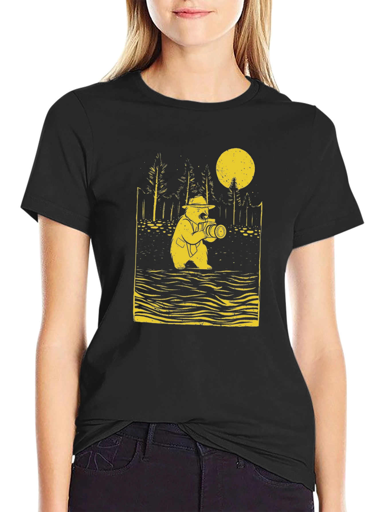 Black Bear Photographer Graphic Tee - Black Cotton T-Shirt view 2