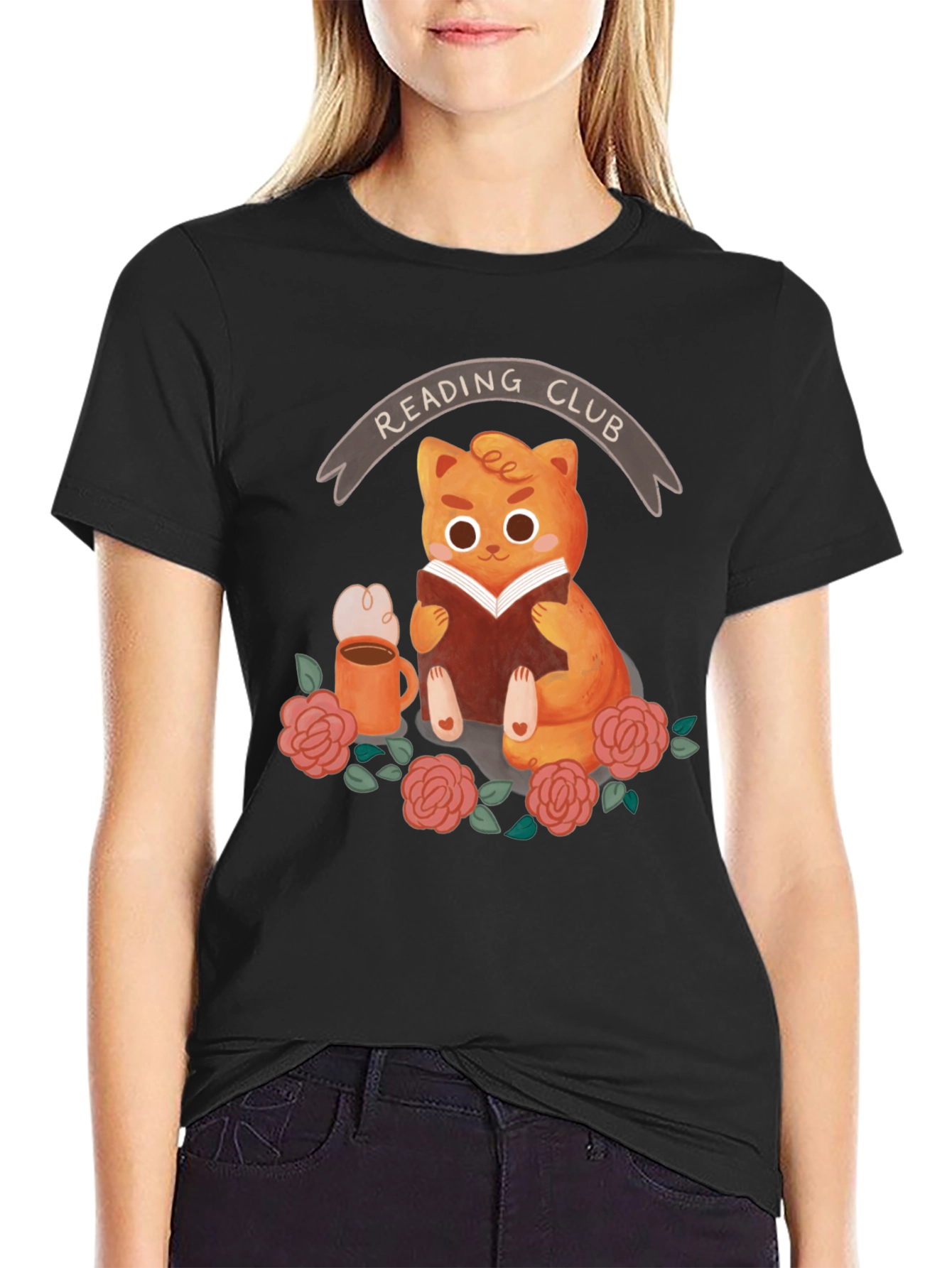 Black Reading Club Cat T-Shirt view 2