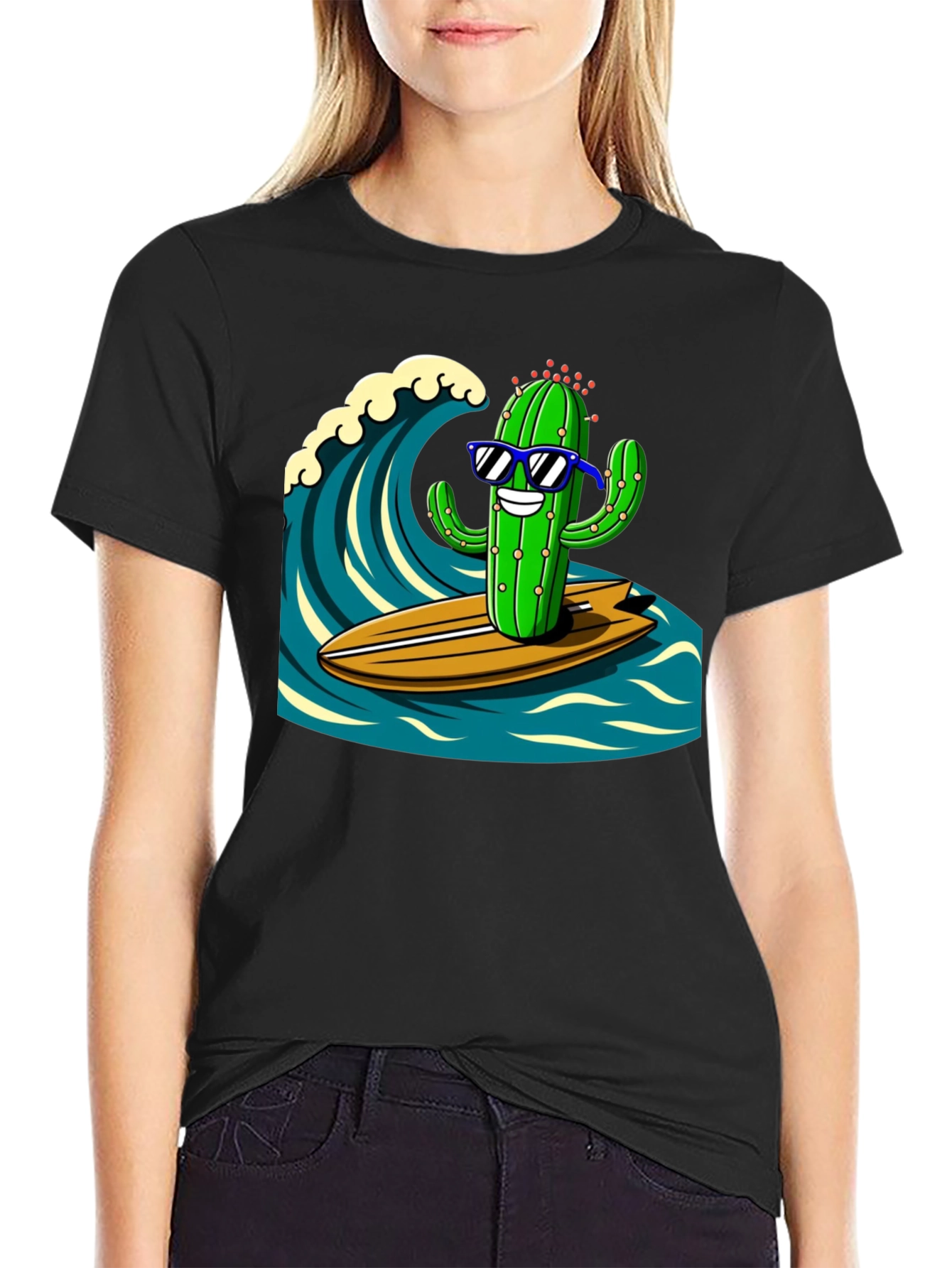 Black Surfing Cactus Graphic Tee - Mens Black T-Shirt view 2