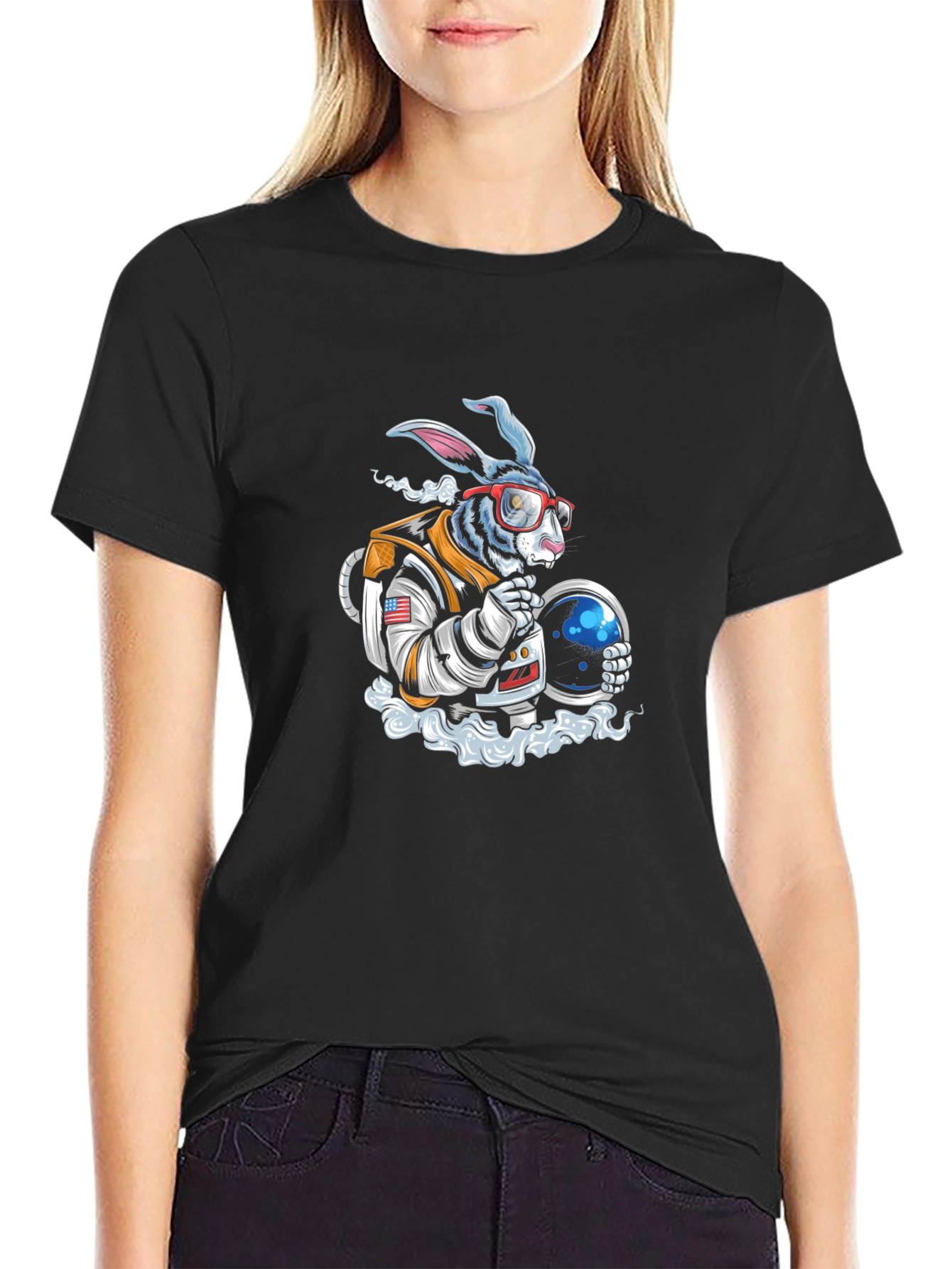 Black Astronaut Rabbit Graphic T-Shirt - Space Adventure Tee view 2