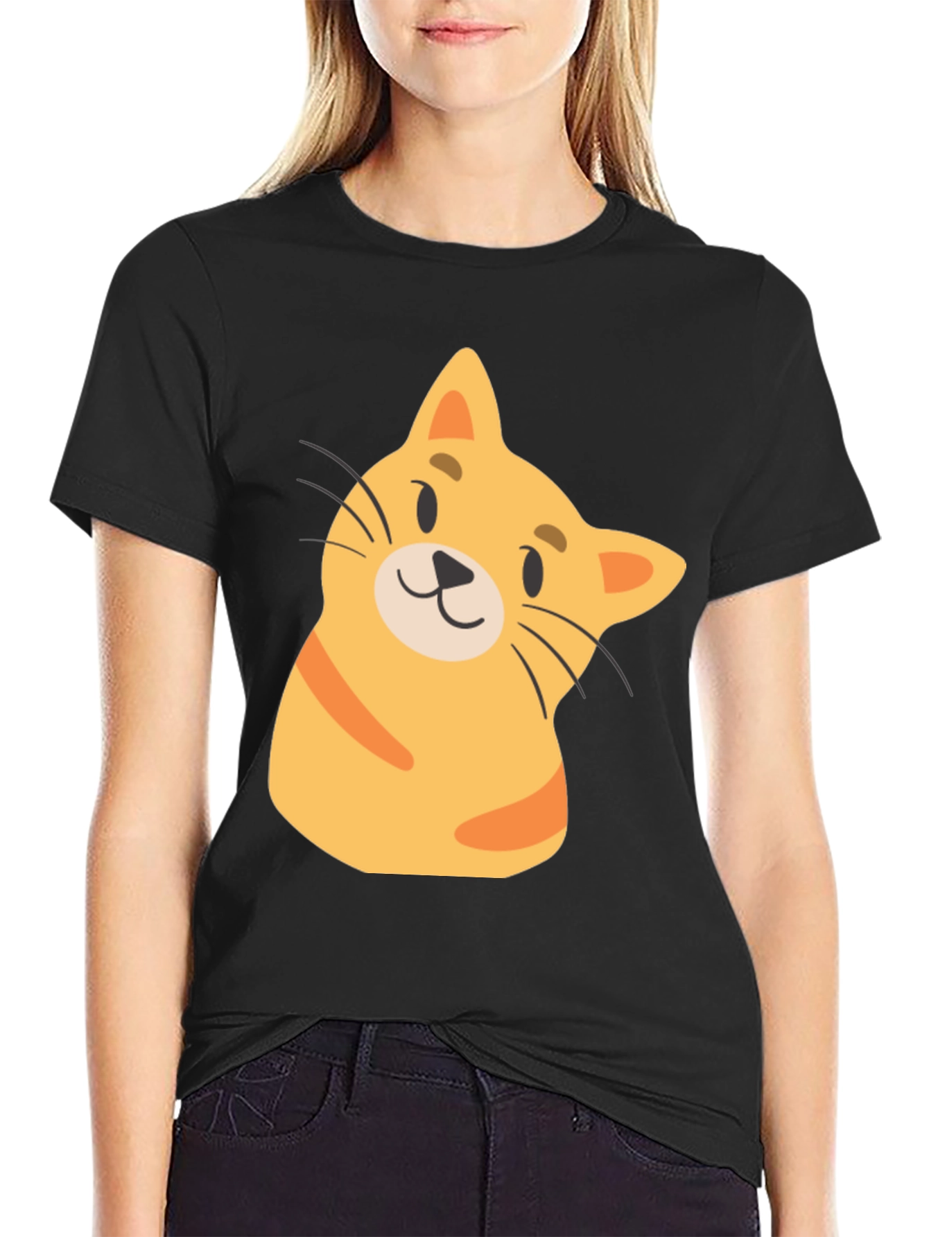 Black Cute Cartoon Cat Black T-Shirt view 2