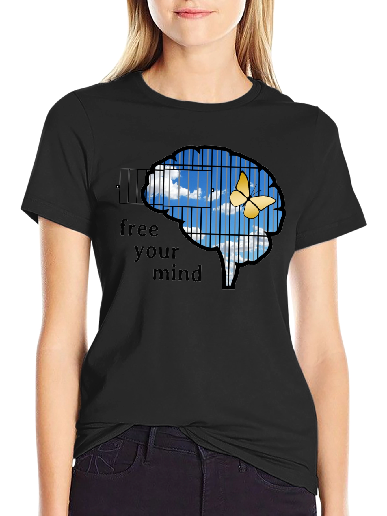 Black Free Your Mind T-Shirt: Brain Cage & Butterfly Graphic Tee view 2
