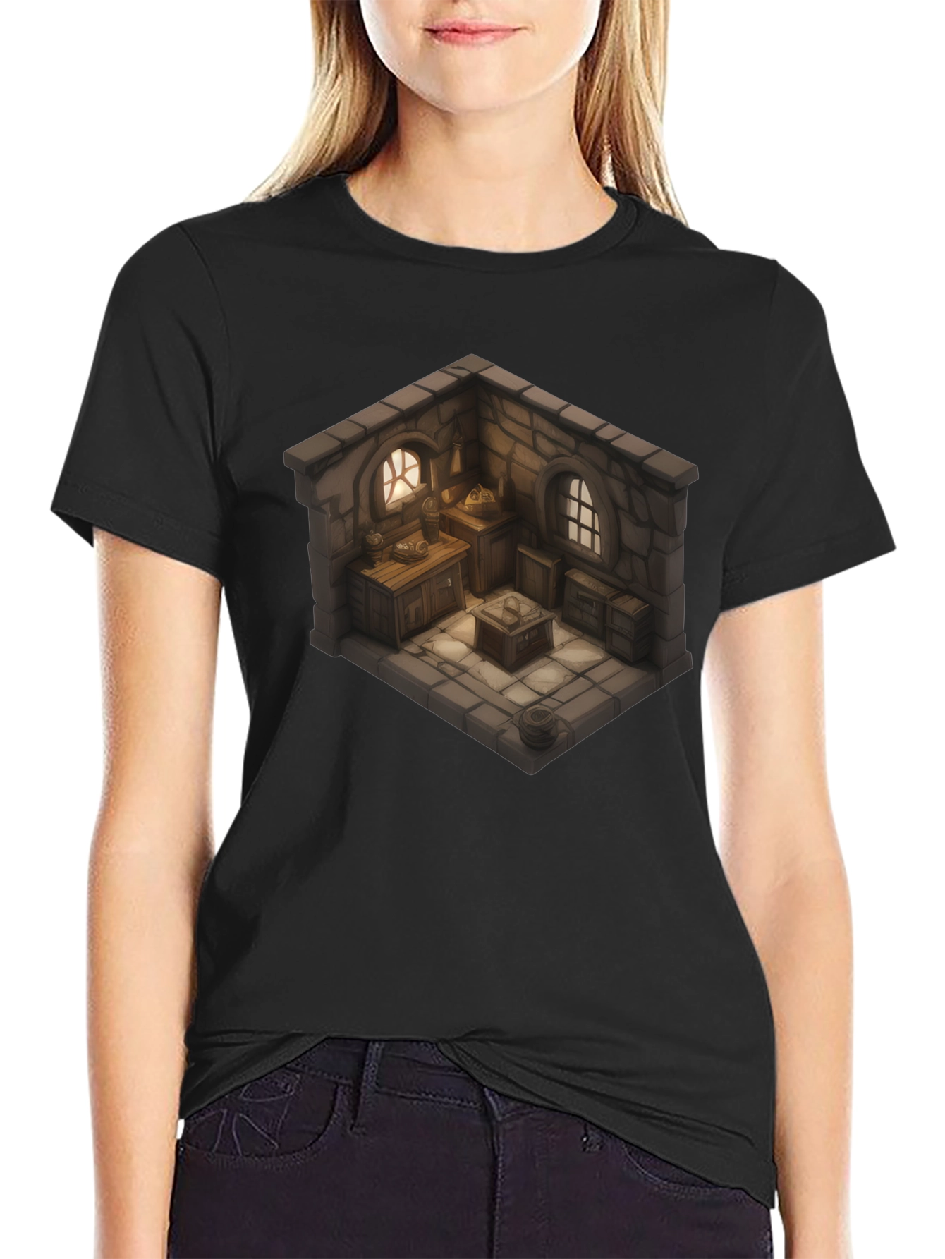 Black Isometric Medieval Room T-Shirt - Fantasy Decor Tee view 2