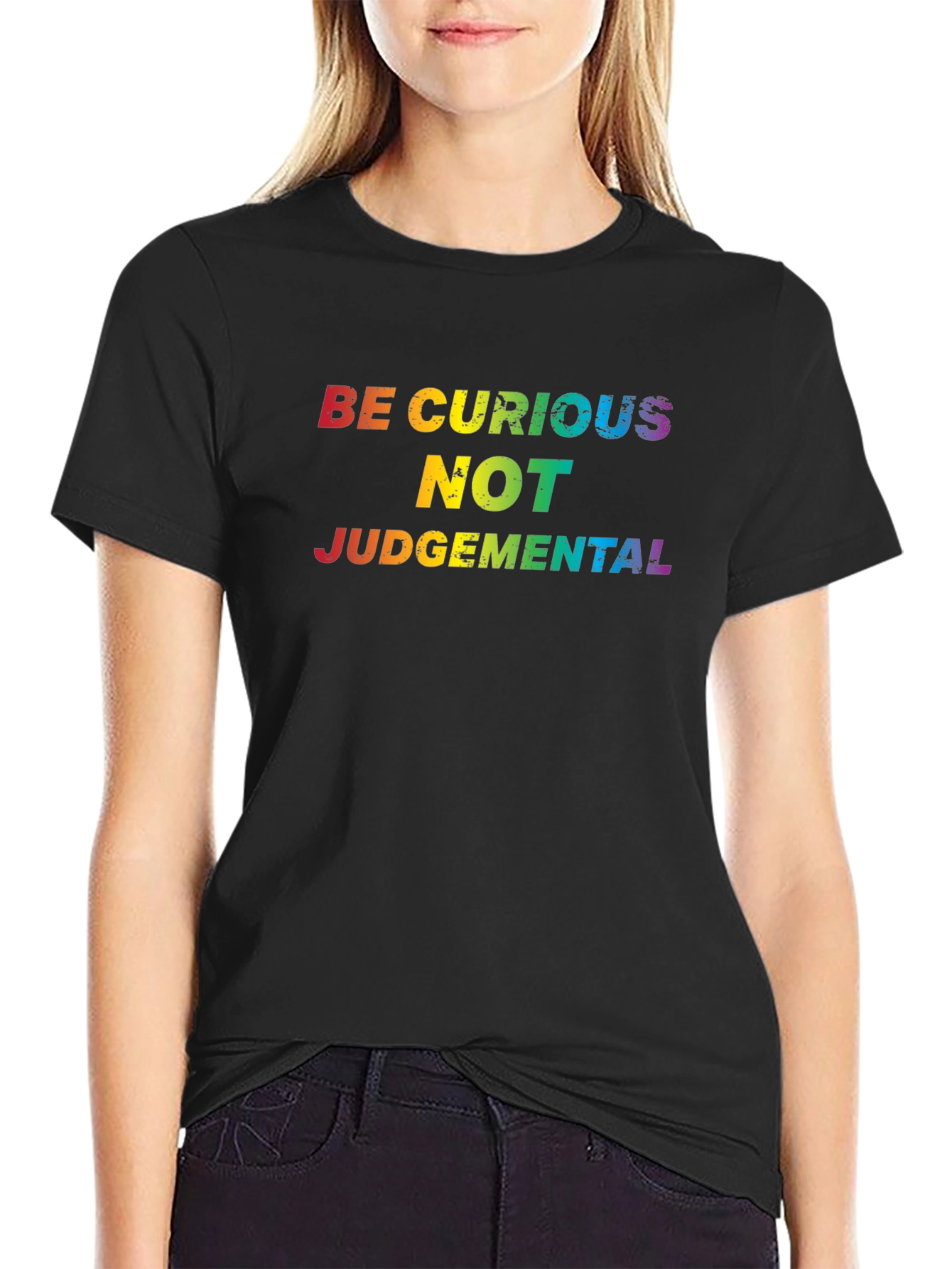 Black Be Curious Rainbow Text Black T-Shirt view 2
