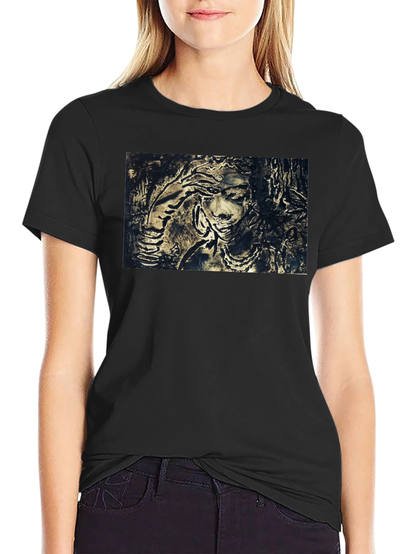 Black Artistic Woman Graphic Black T-Shirt view 2