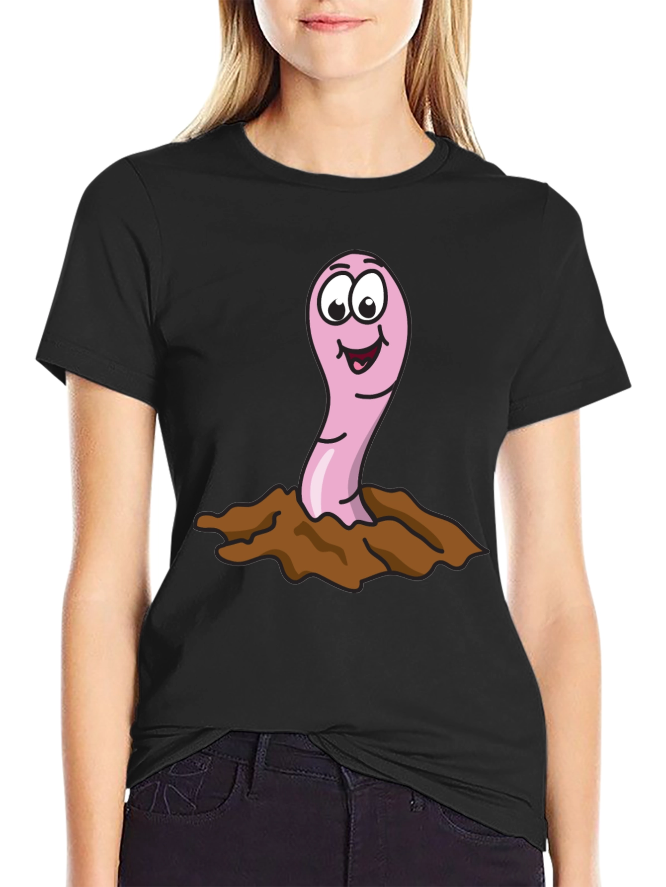 Black Funny Worm T-Shirt - Cartoon Earthworm Tee view 2